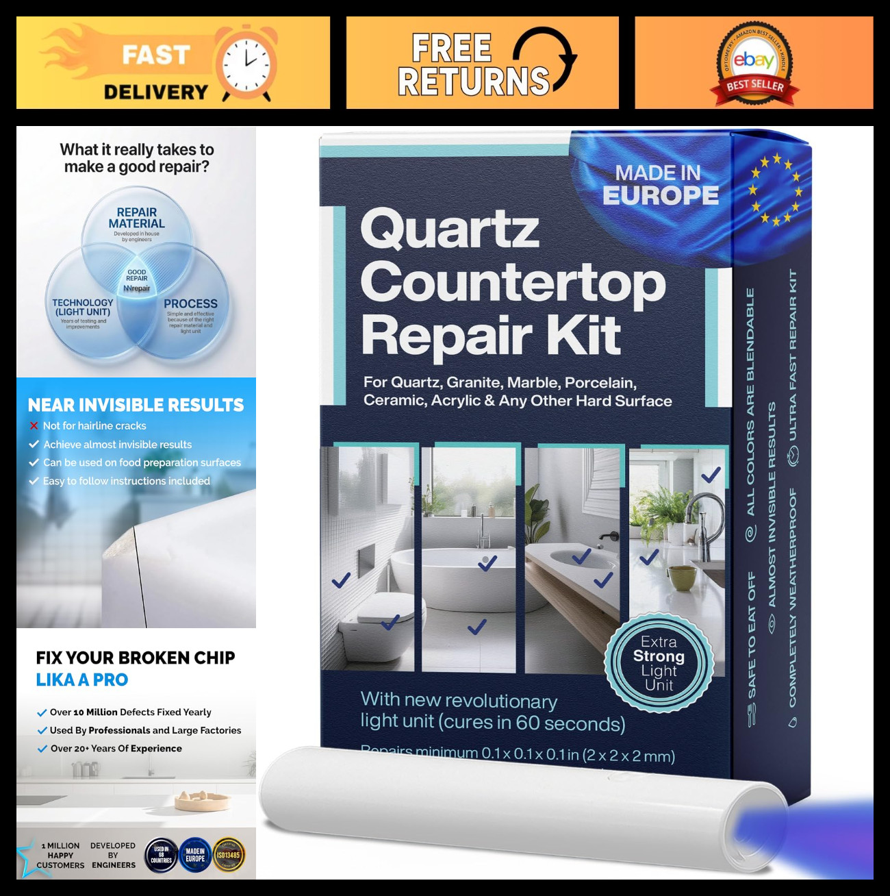 DIY Quartz Countertop Repair Kit - 3 Colors + Polisher for Granite, Acrylic & Ti