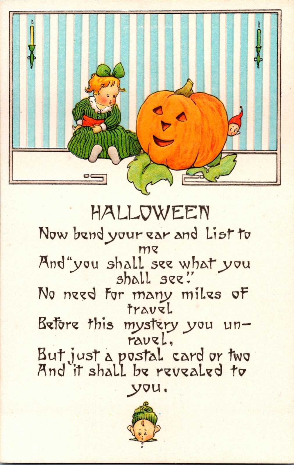 Vintage Adorable Little Girl, Jack O\' Lantern, Pumpkin,Goblin Halloween Postcard