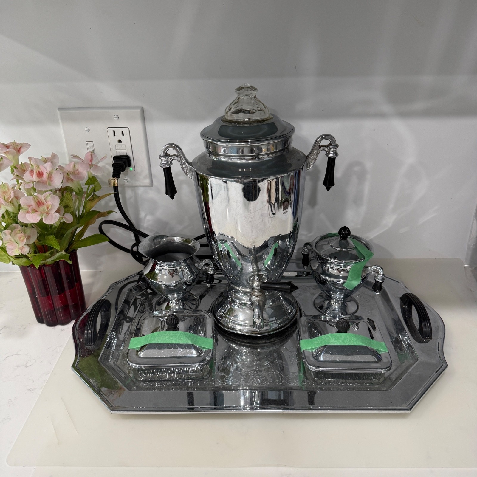 RARE VTG Forman Family Coffee Tea Maid 4 Cup Percolator Set w/ Tray Cream Sugar RARE VTG Forman Family Coffee Tea Maid 4 Cup Percolator Set w/ Tray Cream Sugar