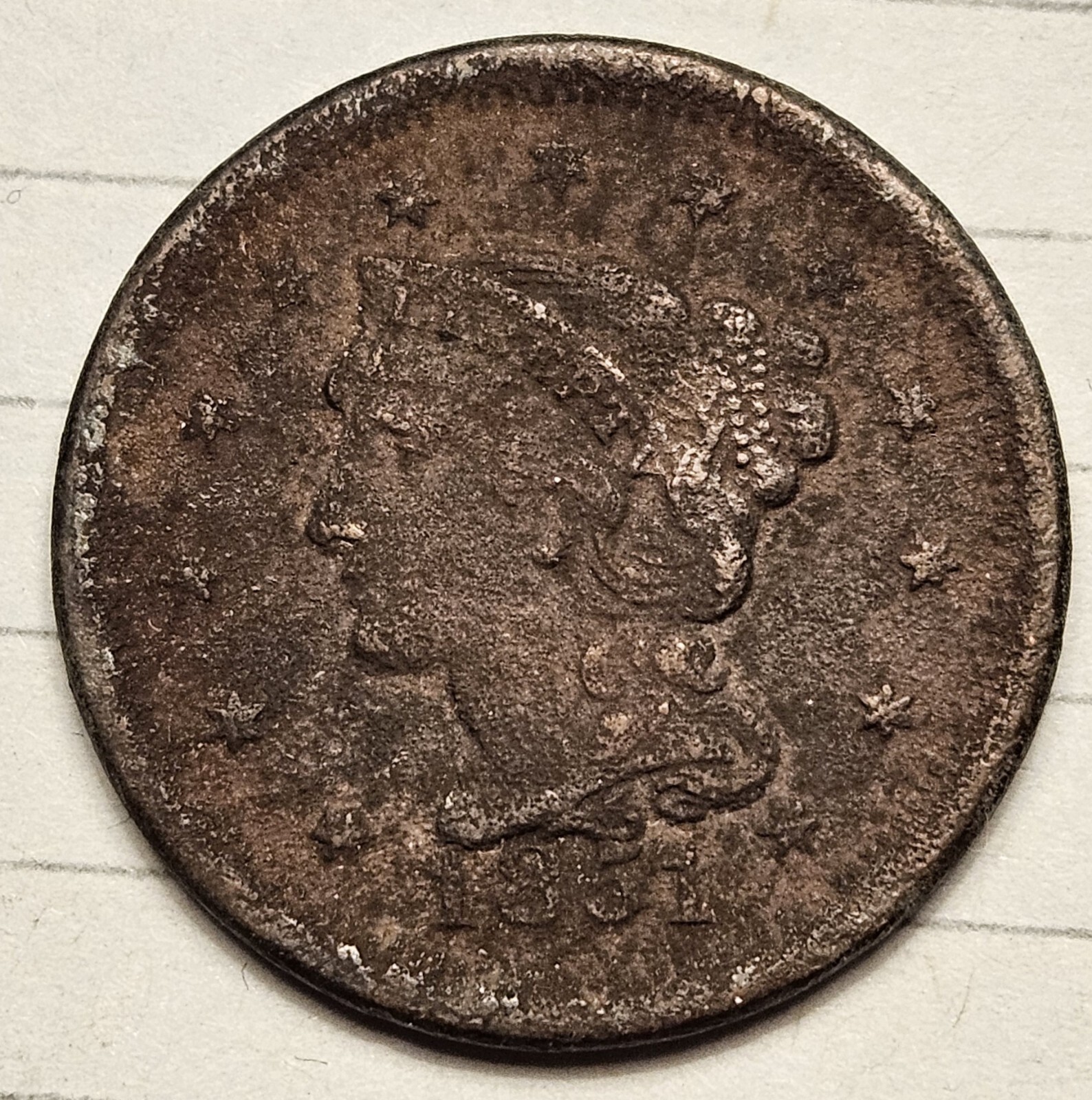 1851 Braided Hair Large Cent - AU Almost Uncirculated Details