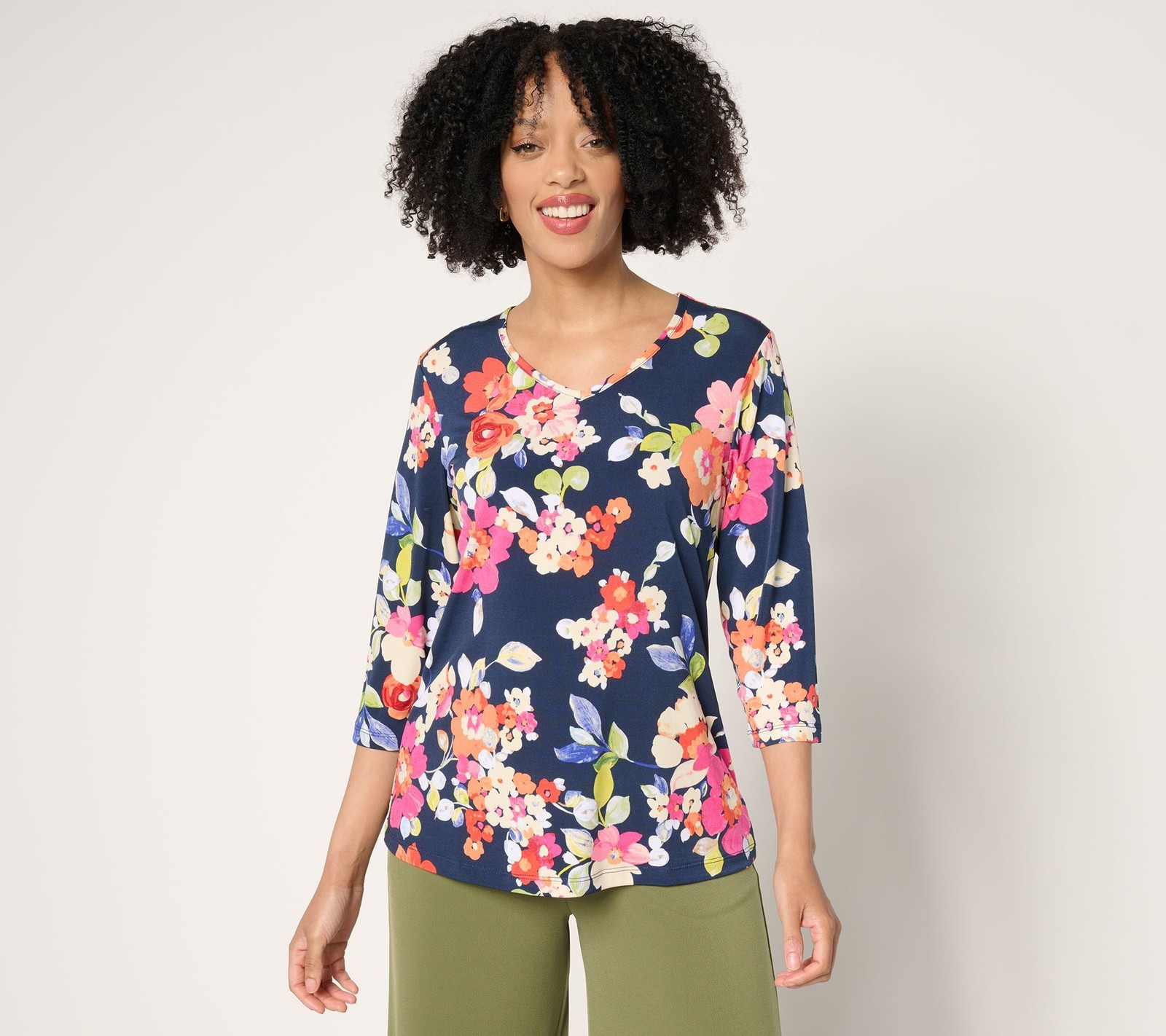 Susan Graver Women\'s Top Sz XL Printed Liquid Knit V-neck Multi-colored A225581 Susan Graver Women\'s Top Sz XL Printed Liquid Knit V-neck Multi-colored A225581