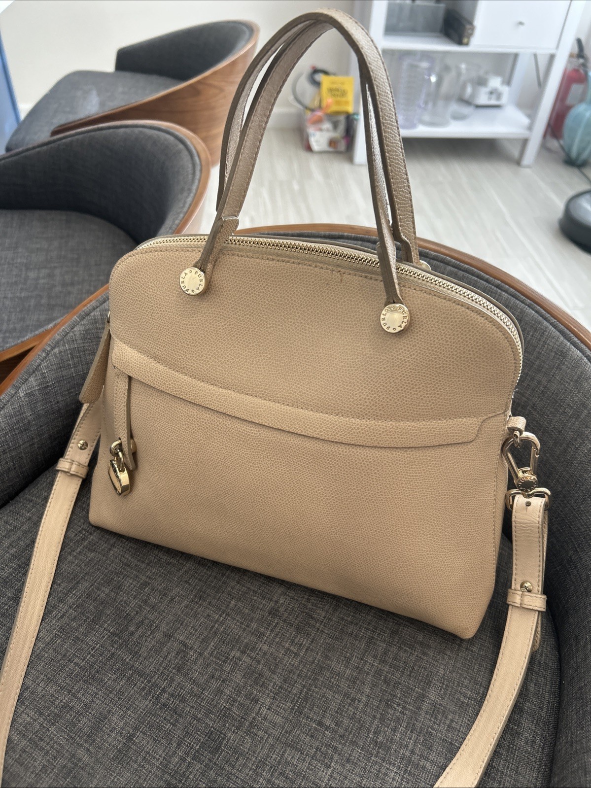 FURLA Piper M Leather  Bag Gray 2-Way Authentic Excellent Condition