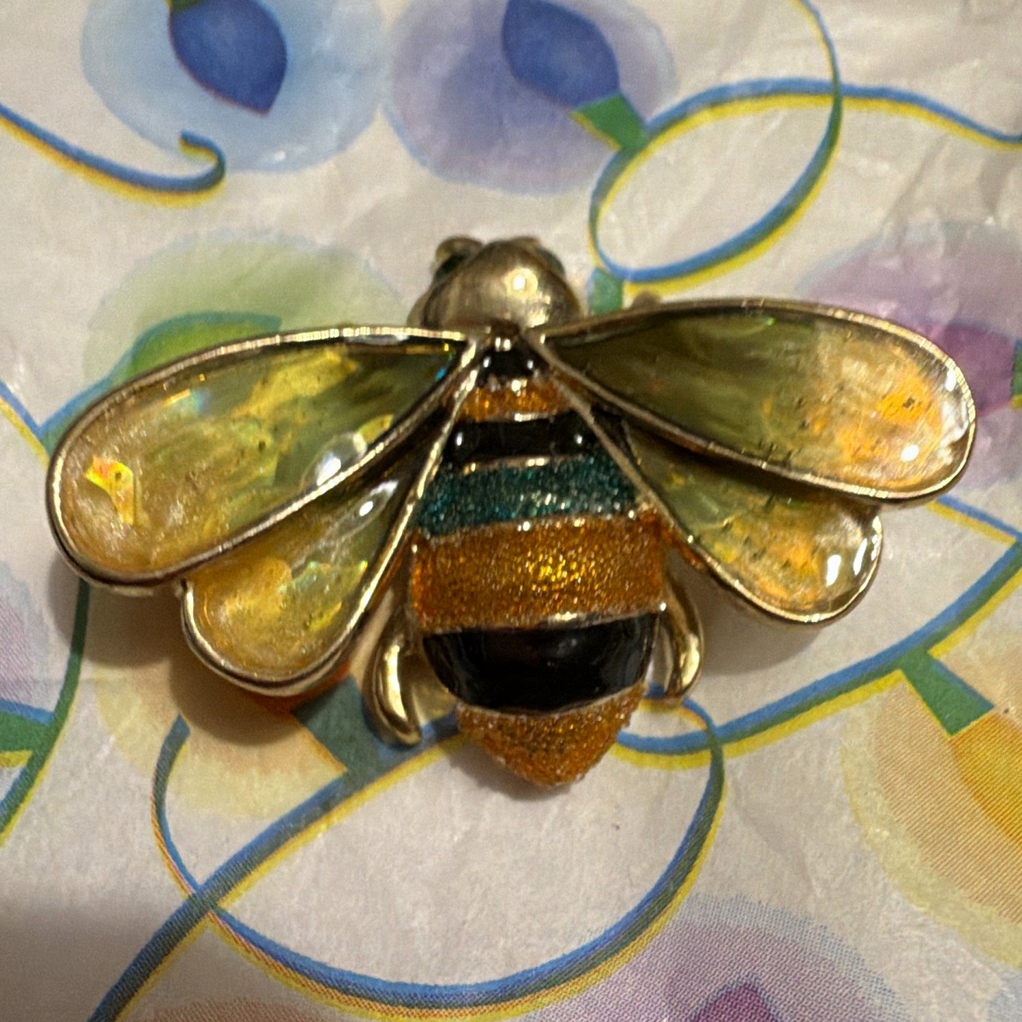 Vintage Signed MONET Enamel Bee Brooch Pin Translucent Wings Rhinestone Insect