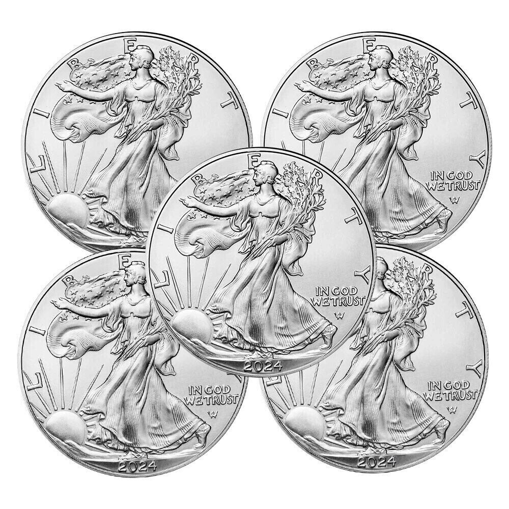 Lot of 5 - 2024 American Silver Eagle $1 Coin 1 oz .999 Fine Silver BU