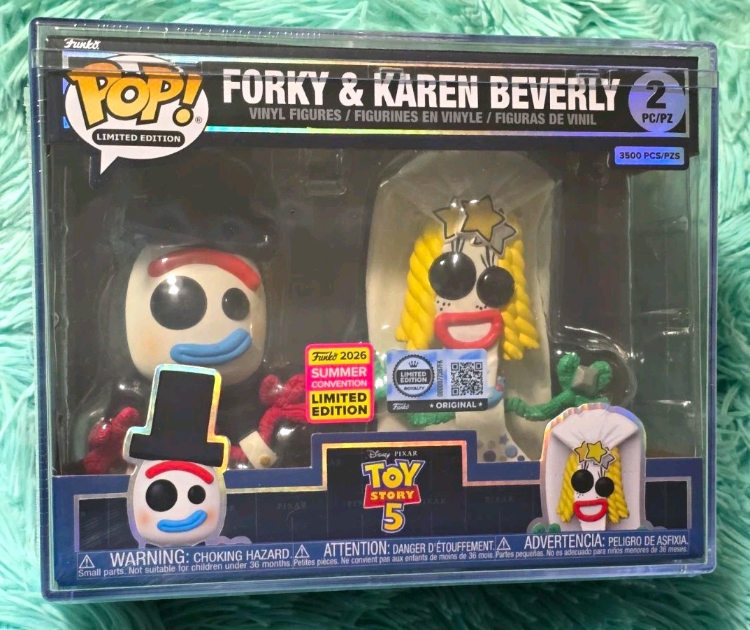 Funko Pop Toy Story Forky & Karen Beverly 2-Pack 2026 SDCC LE 3500 pc protector Funko Pop Toy Story Forky & Karen Beverly 2-Pack 2026 SDCC LE 3500 pc protector