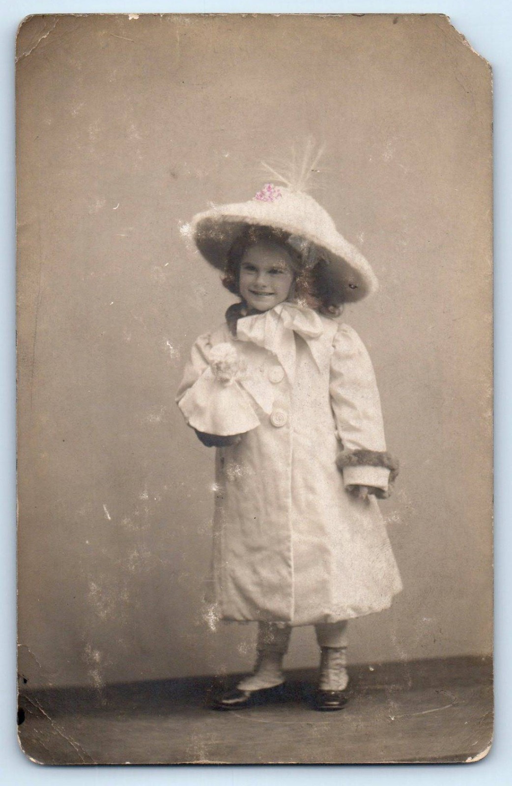 c1910's Smiling Child Girl With Doll Big Hat Studio RPPC Photo Antique Postcard c1910's Smiling Child Girl With Doll Big Hat Studio RPPC Photo Antique Postcard
