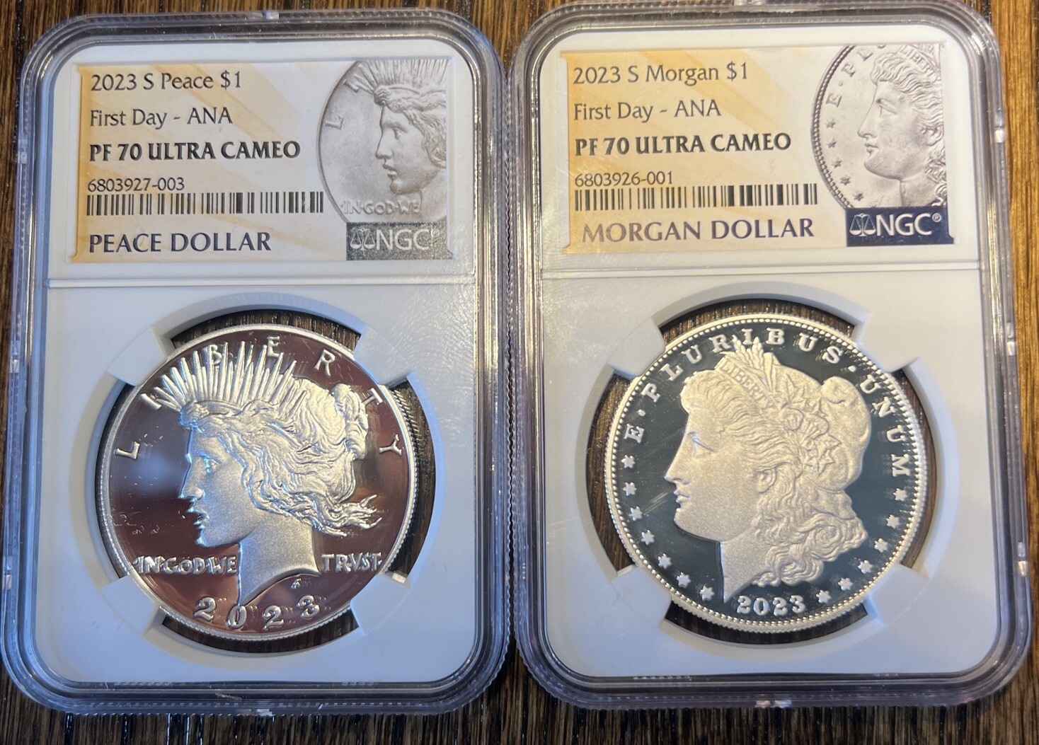 2023 S Morgan / Peace NGC PF70 FIRST DAY ANA Label Silver Dollar