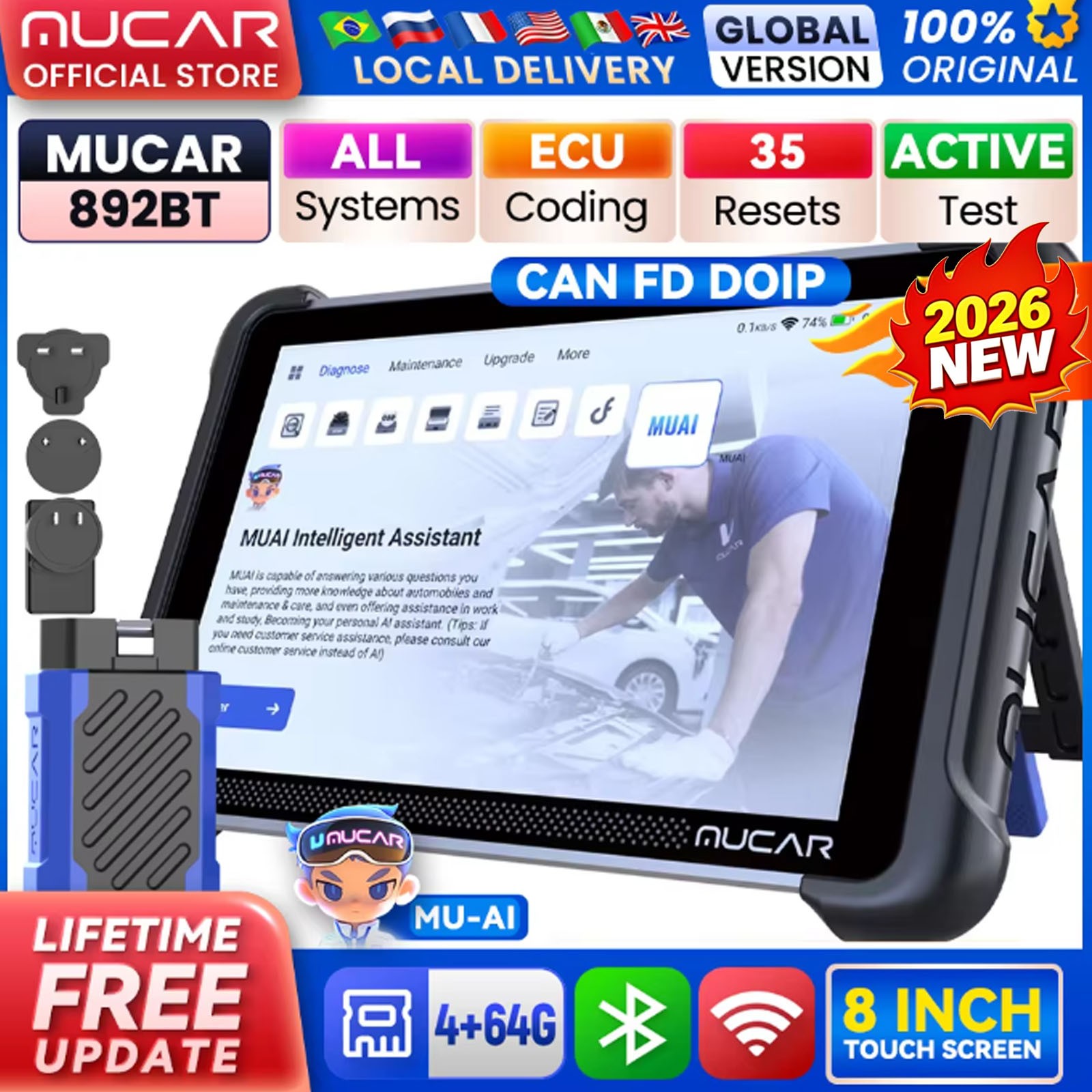 Mucar 892BT Car Diagnostic Tool Bidirectional OBD2 Scanner 35+ Reset AI Assisted