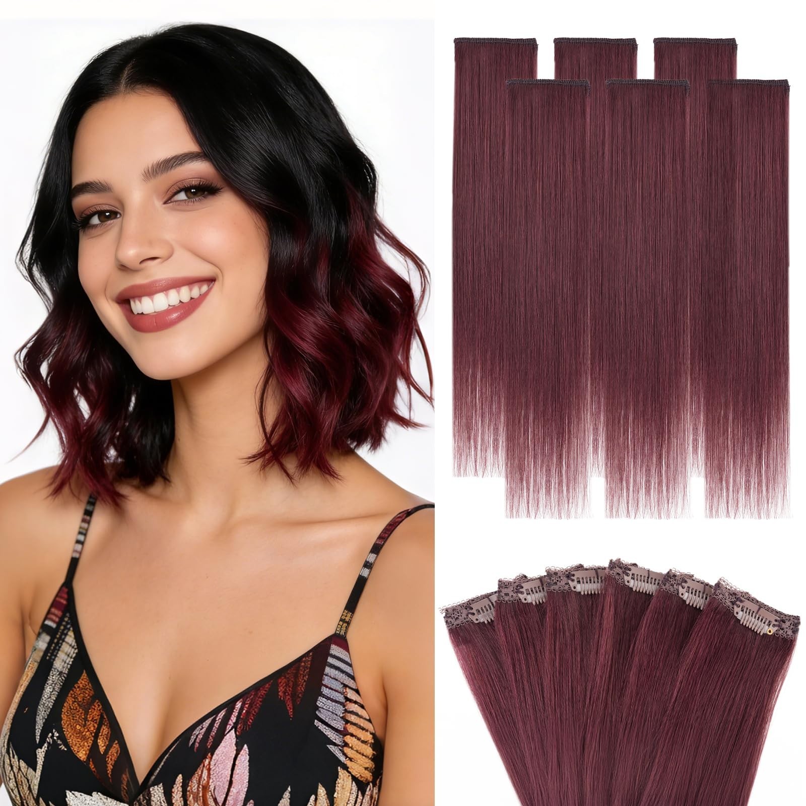 Hairro 6PCS Clip In Human Hair Extensions Short Burgundy Color Clip Ins Remy Rea