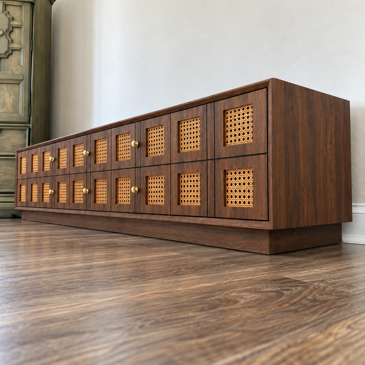 Mid Century Modern Low Profile Rattan TV Stand Wood Credenza 6 Drawers Console