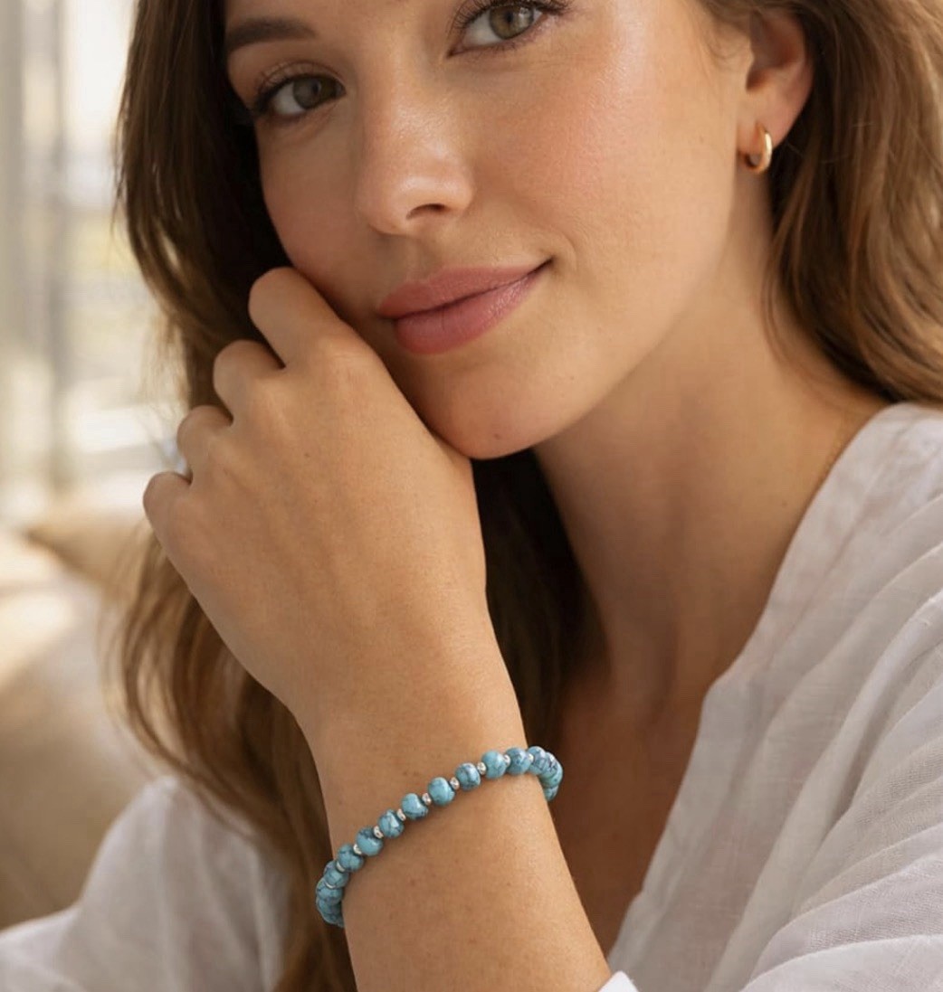 Natural Turquoise Beaded Elastic Bracelet Gift 925 silver beads Vday sale Natural Turquoise Beaded Elastic Bracelet Gift 925 silver beads Vday sale