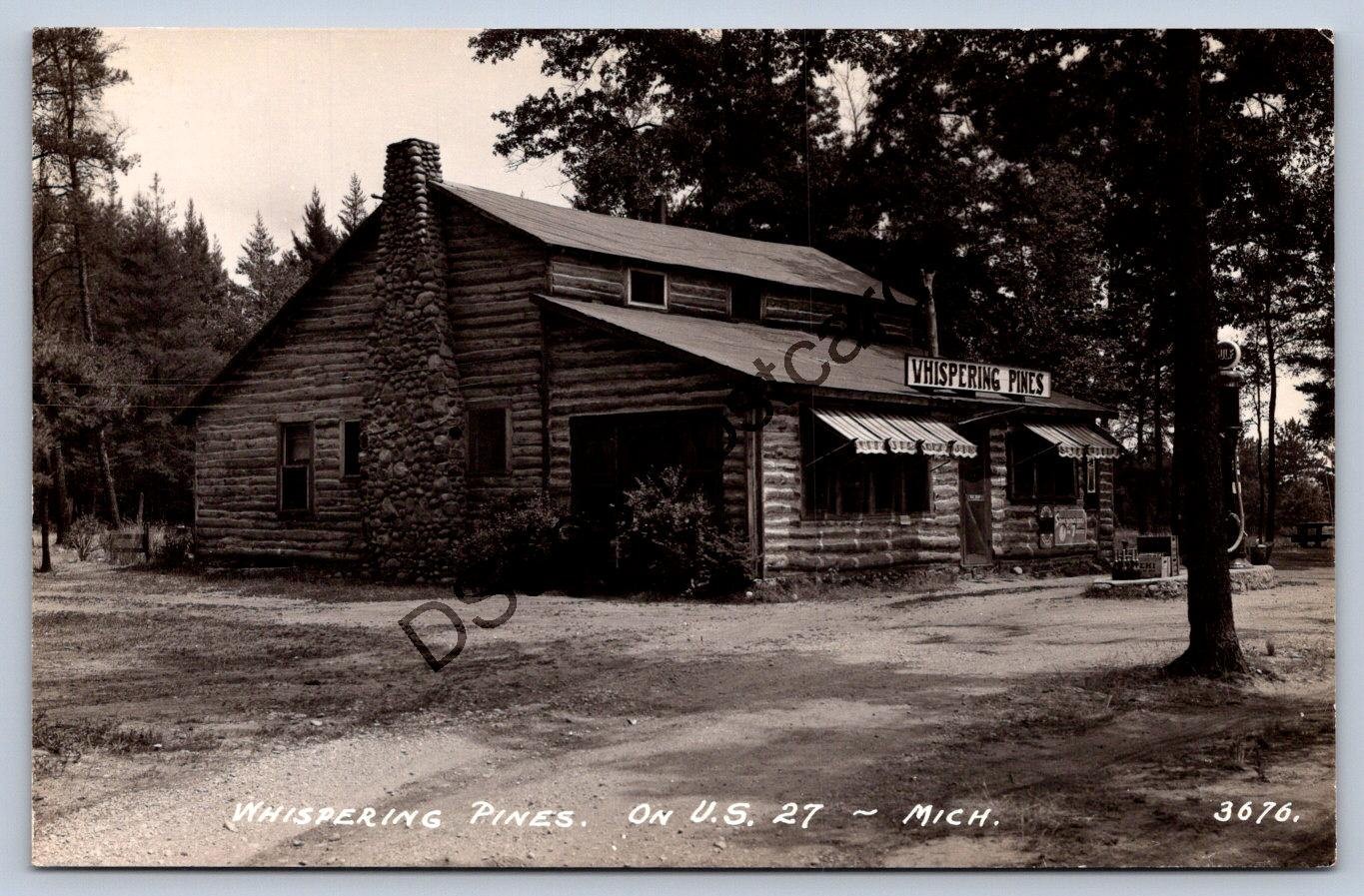Michigan Rppc Postcard c1930-50s Whispering Pines Log Cabin US-27 Roadside