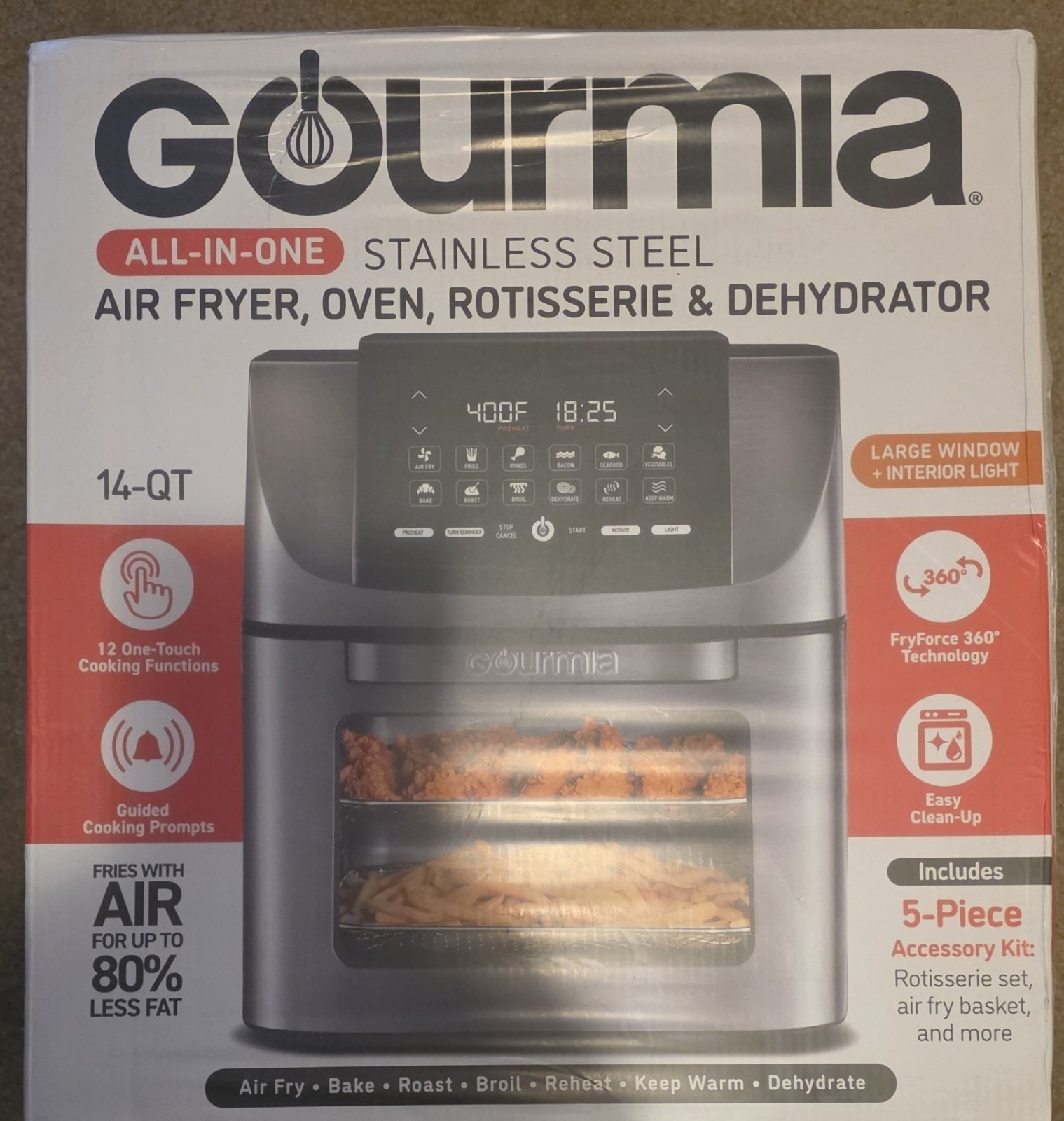 NIB NEW Gourmia 14qt All-in-One Digital Air Fryer,Oven, Rotisserie & Dehydrator NIB NEW Gourmia 14qt All-in-One Digital Air Fryer,Oven, Rotisserie & Dehydrator