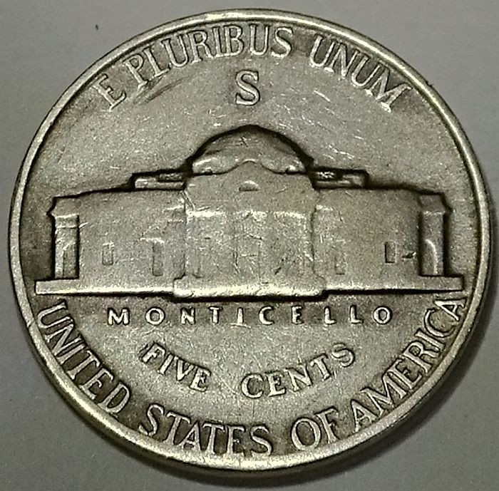 1944-S Jefferson 35% Silver War Nickel  / Actual coin shown