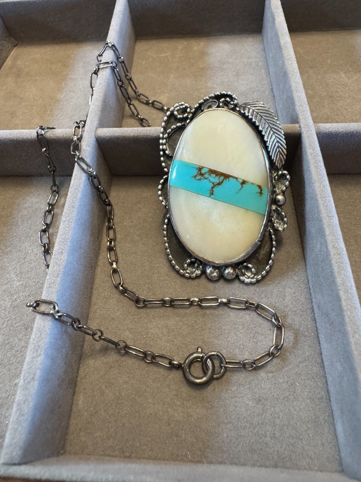 Vintage Southwestern Turquoise Inlay Pendant Necklace Signed AK 22\