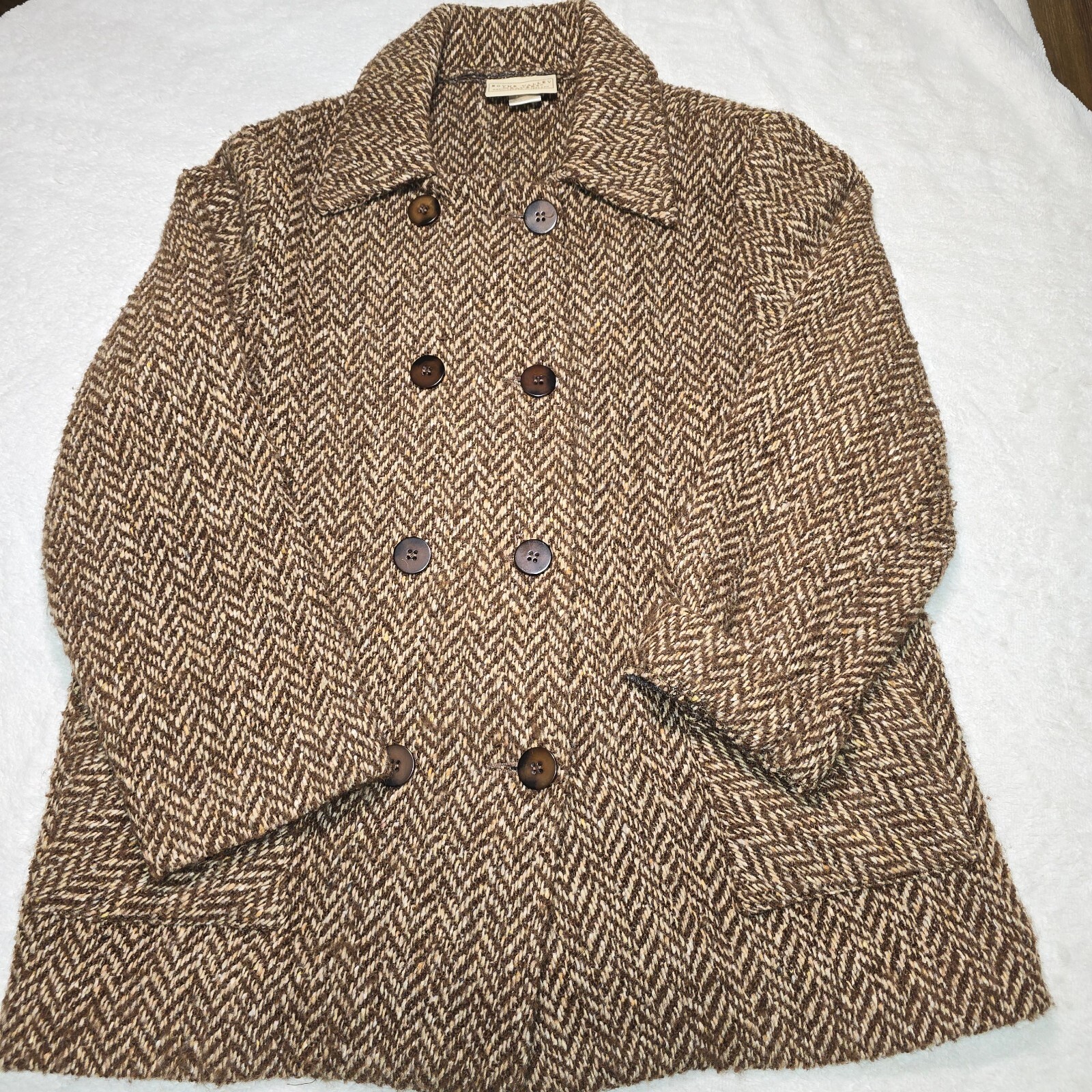 Vintage Boyne Valley Weavers Herringbone Tweed Wool Coat Jacket Ireland Brown L