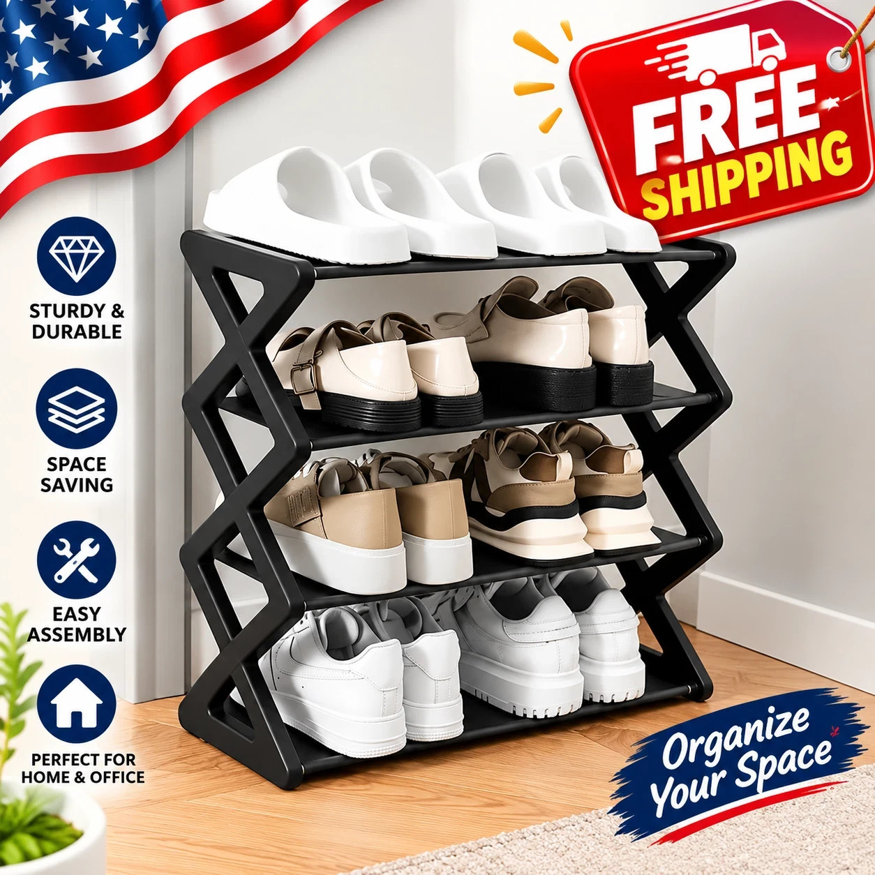 4 Tier Shoe Rack, Narrow Stackable Shoe Storage Organizer Shelf