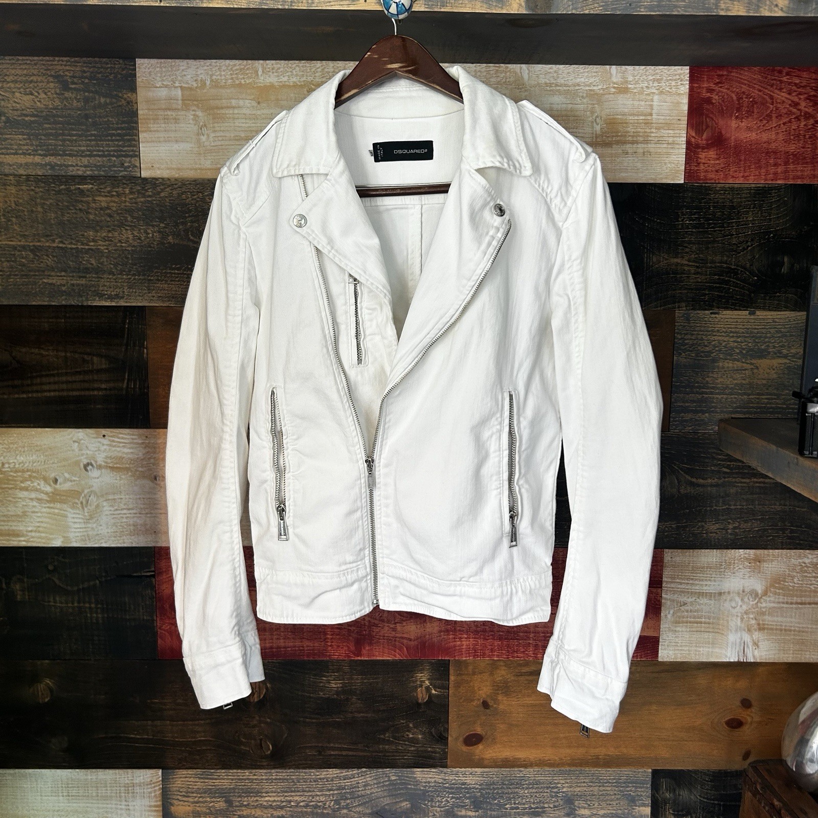 Dsquared2 Men’s Biker Jacket Denim Cotton White Medium 50 Dsquared2 Men’s Biker Jacket Denim Cotton White Medium 50