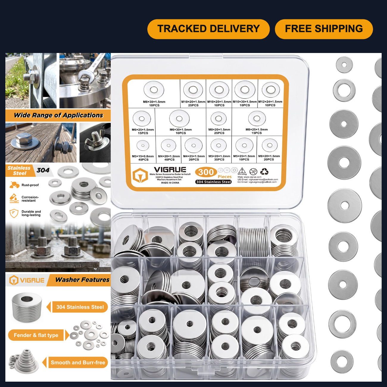 300PCS Stainless Steel Flat & Fender Washers Assortment Kit - 15 Sizes M3-M12