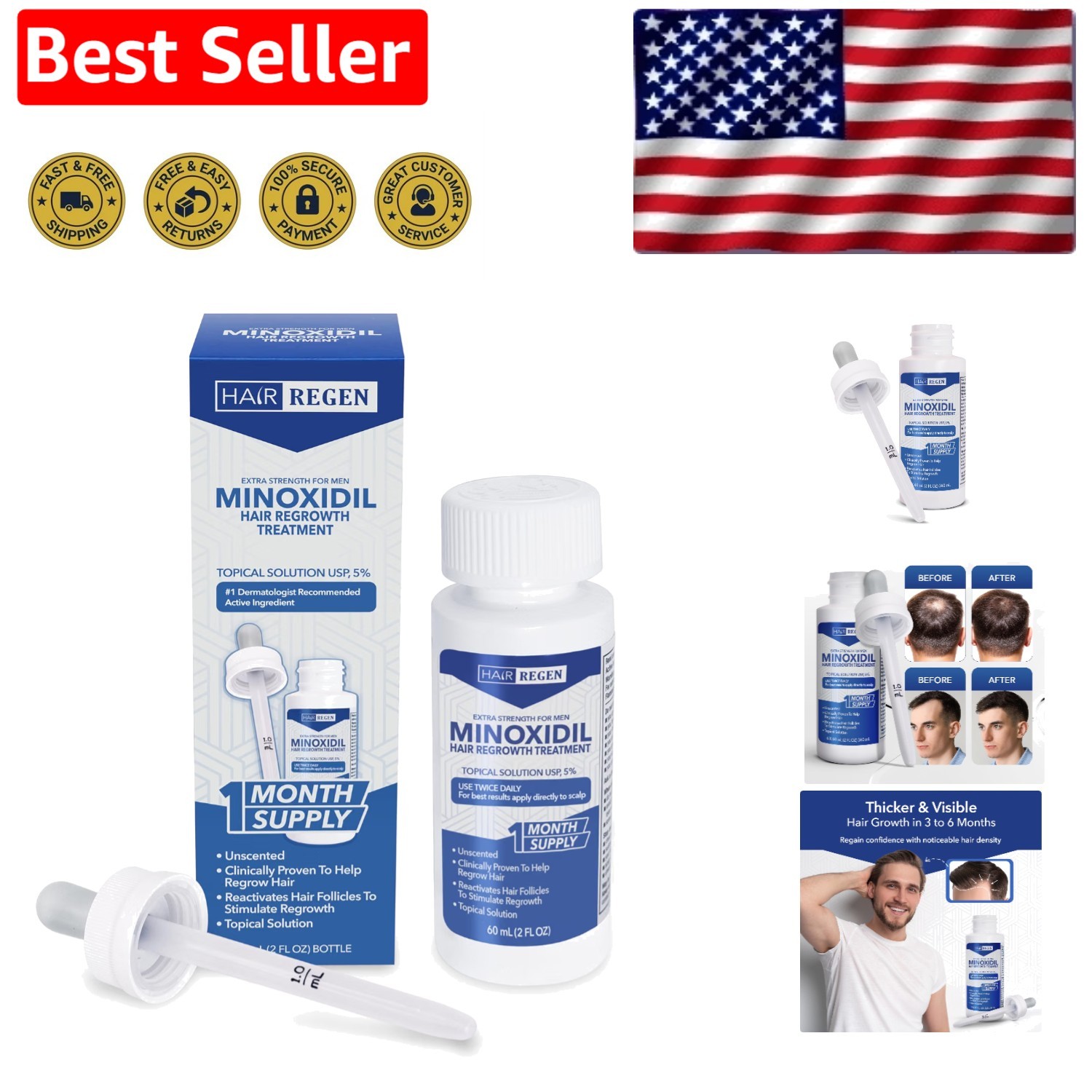Minoxidil for Men 5% - Extra Strength Hair Regrowth Treatment, 1  Supply