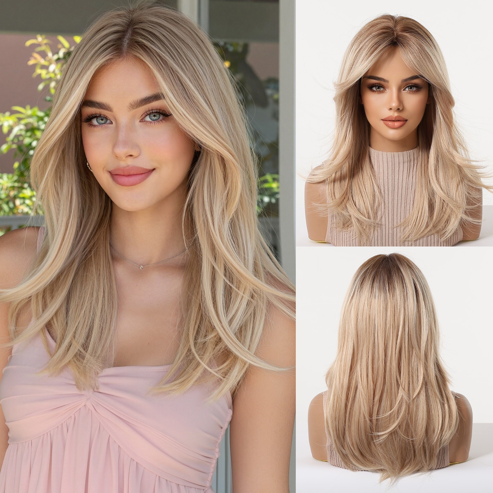 Shoulder Length Wavy Rooted Blonde Mix Synthetic Hair Wigs With Bangs Women