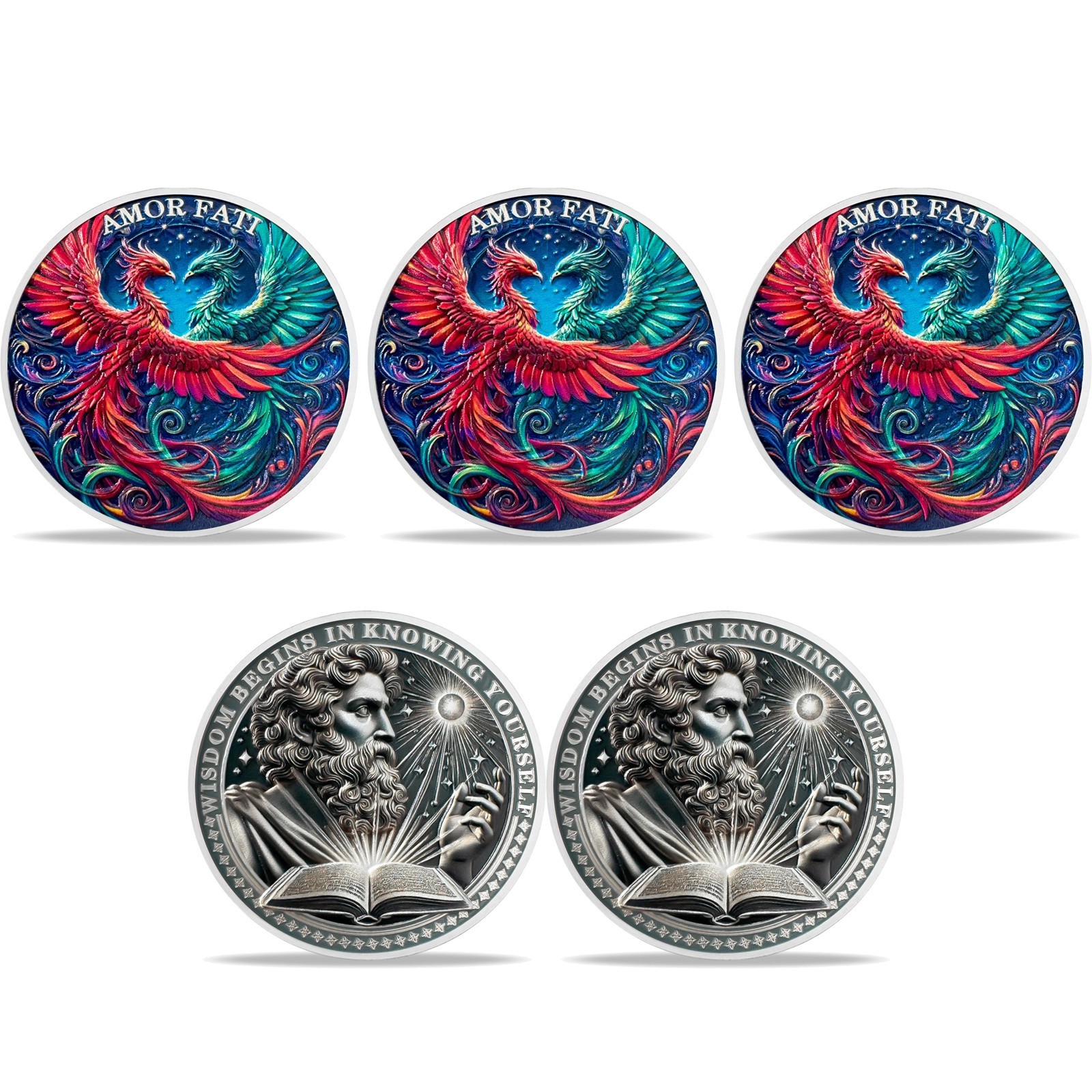 3D Stoic Challenge Coin Amor Fati And Phoenix Nirvana Themed Recovery Token 5pcs
