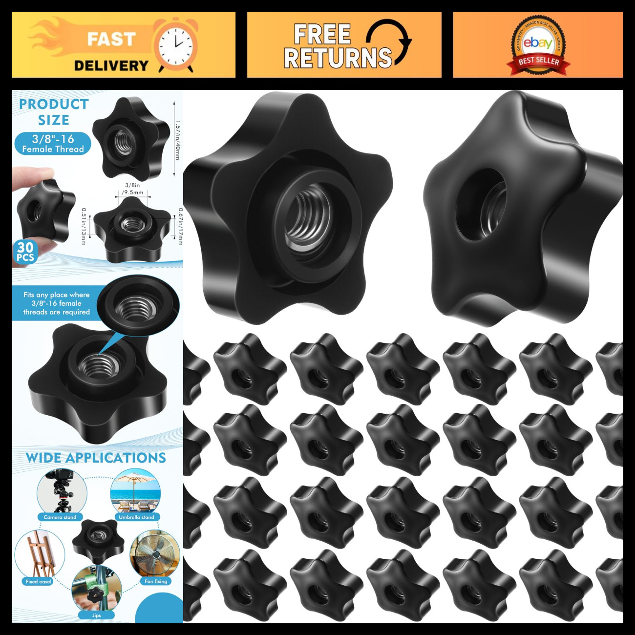 30 Pcs Black Plastic 5-Star Female Threaded Knobs, 3/8\ 30 Pcs Black Plastic 5-Star Female Threaded Knobs, 3/8\