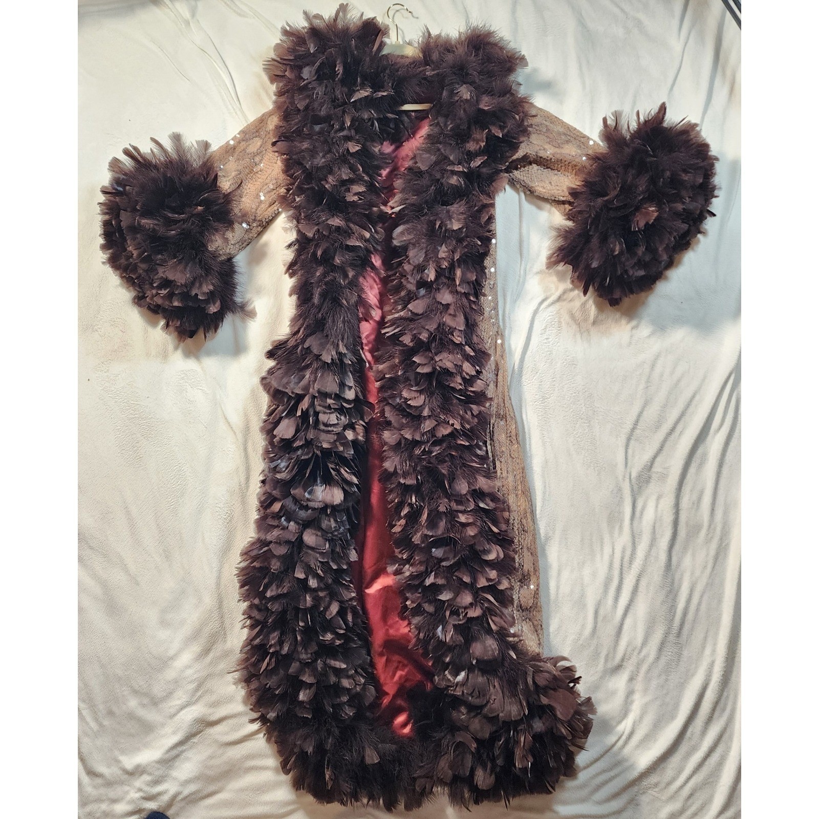 Vintage Les Wilk Snakeskin Print Sequin Duster Robe Real Feather Trim Brown Rare Vintage Les Wilk Snakeskin Print Sequin Duster Robe Real Feather Trim Brown Rare