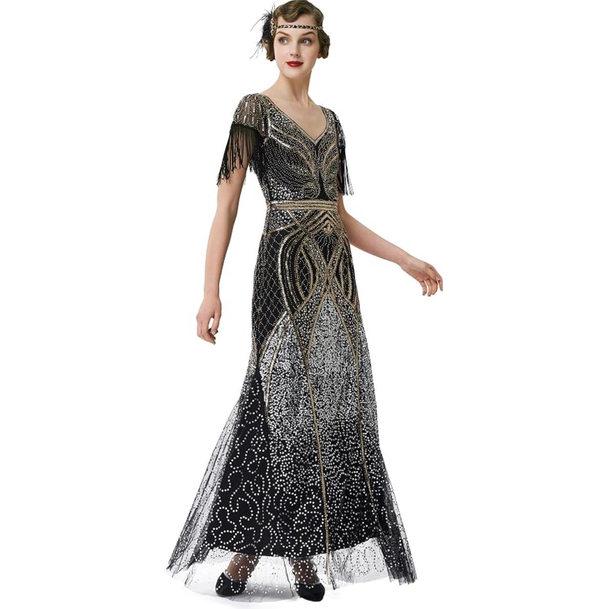 BABEYOND Flapper Art Deco Gatsby 1920s Evening Gown Sequin Maxi Dress M NWT