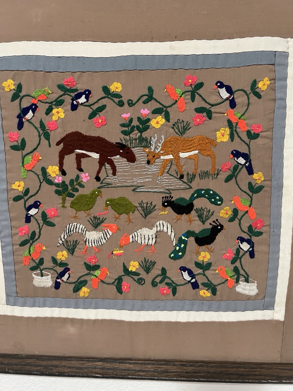 OLD VTG Hand Embroidered Tranquil Animal Scene Framed w/Glass Wall Art UNIQUE OLD VTG Hand Embroidered Tranquil Animal Scene Framed w/Glass Wall Art UNIQUE