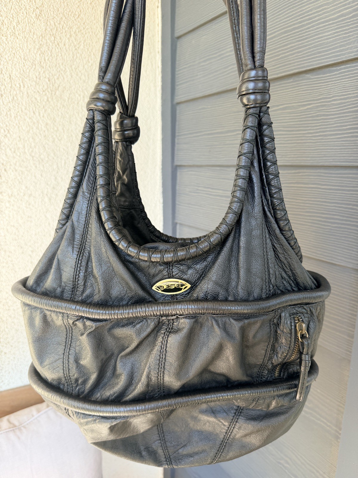 Vintage Y2K DIESEL Black Leather Hobo Shoulder Bag - Archive 90s Tribal Plaque