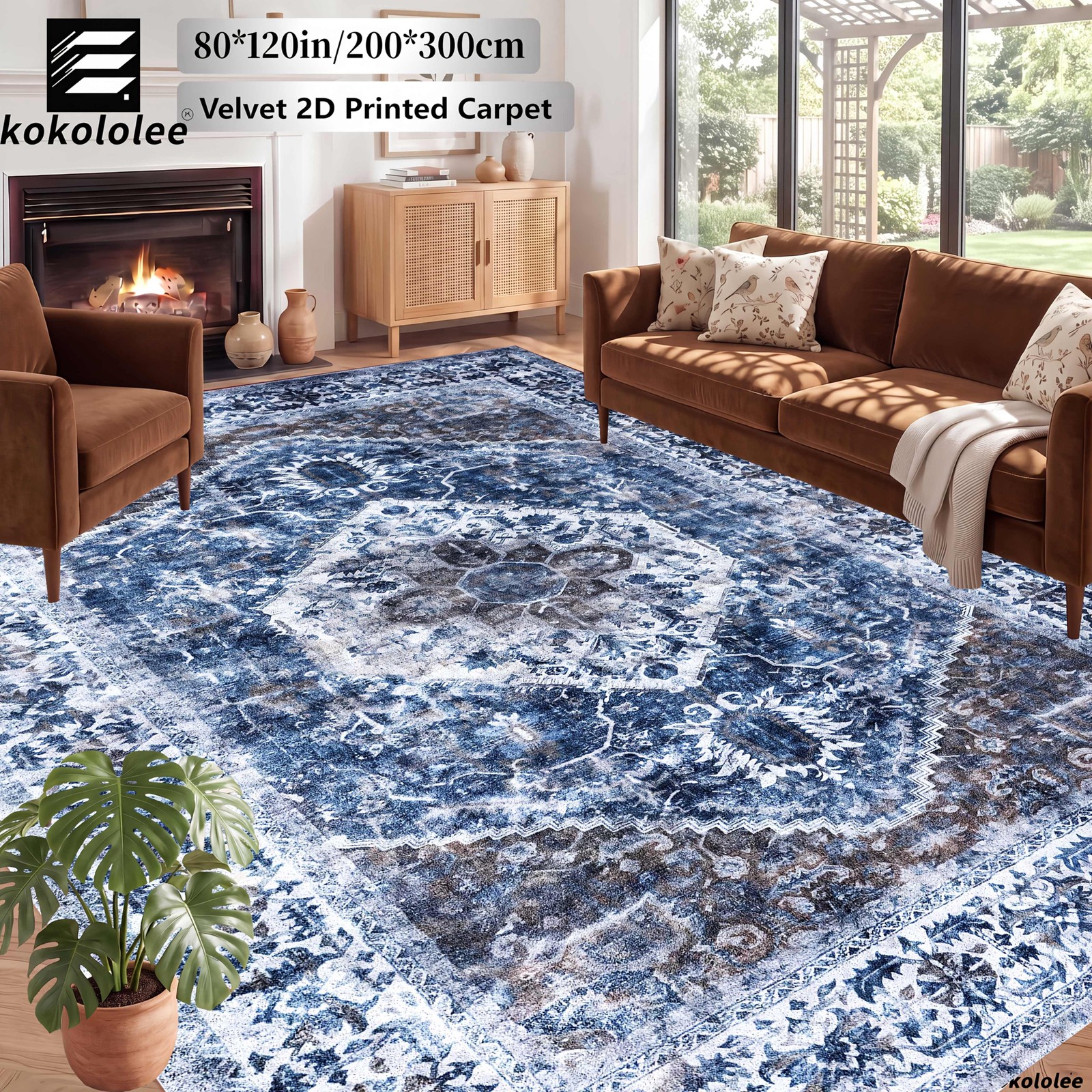 2D Flat KOKOLOLEE Velvet Rug - Vintage Distressed Blue Oriental Medallion, Non