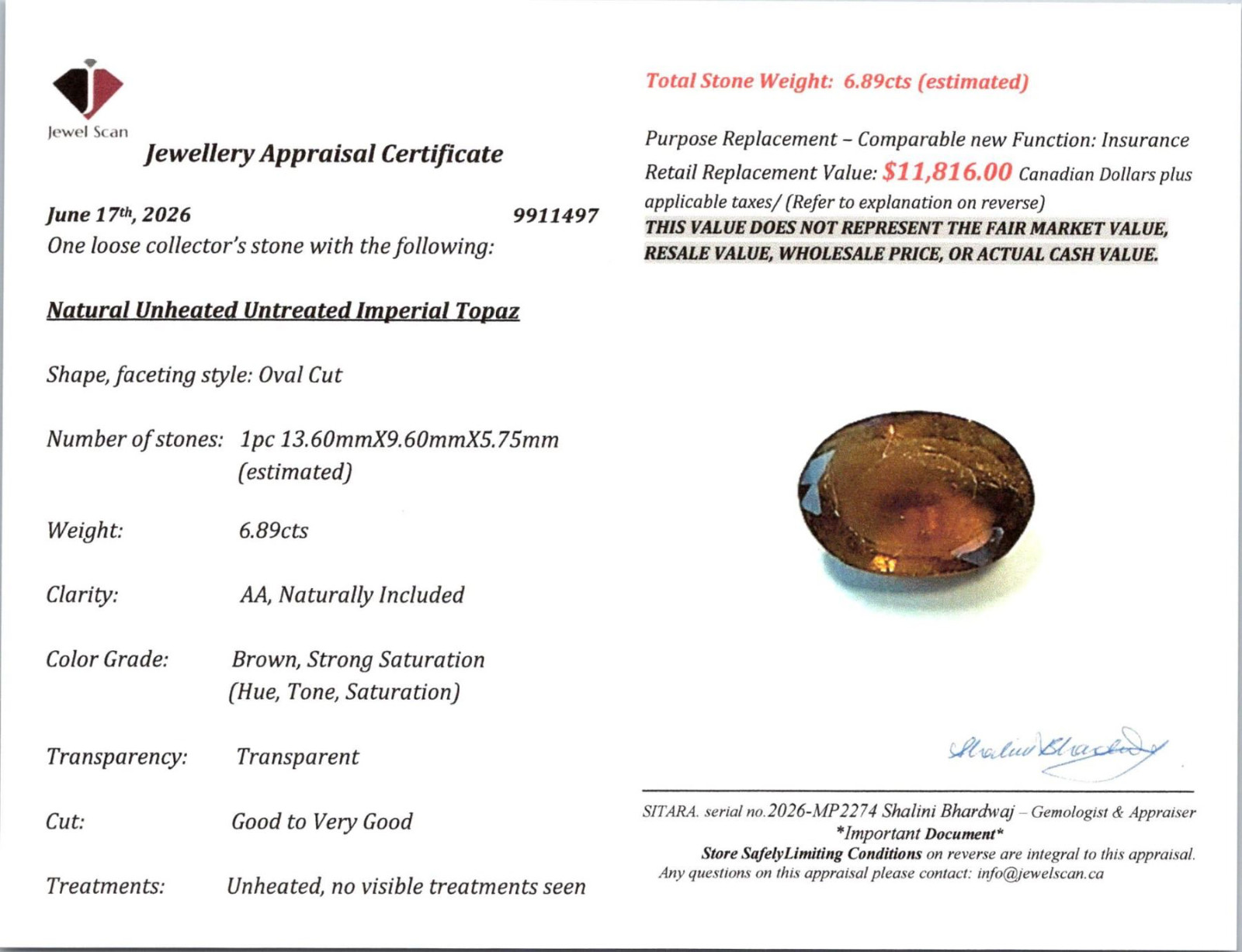 6.89 Ct Imperial Topaz Natural Untreated Certified Loose Gemstone Gold Orange