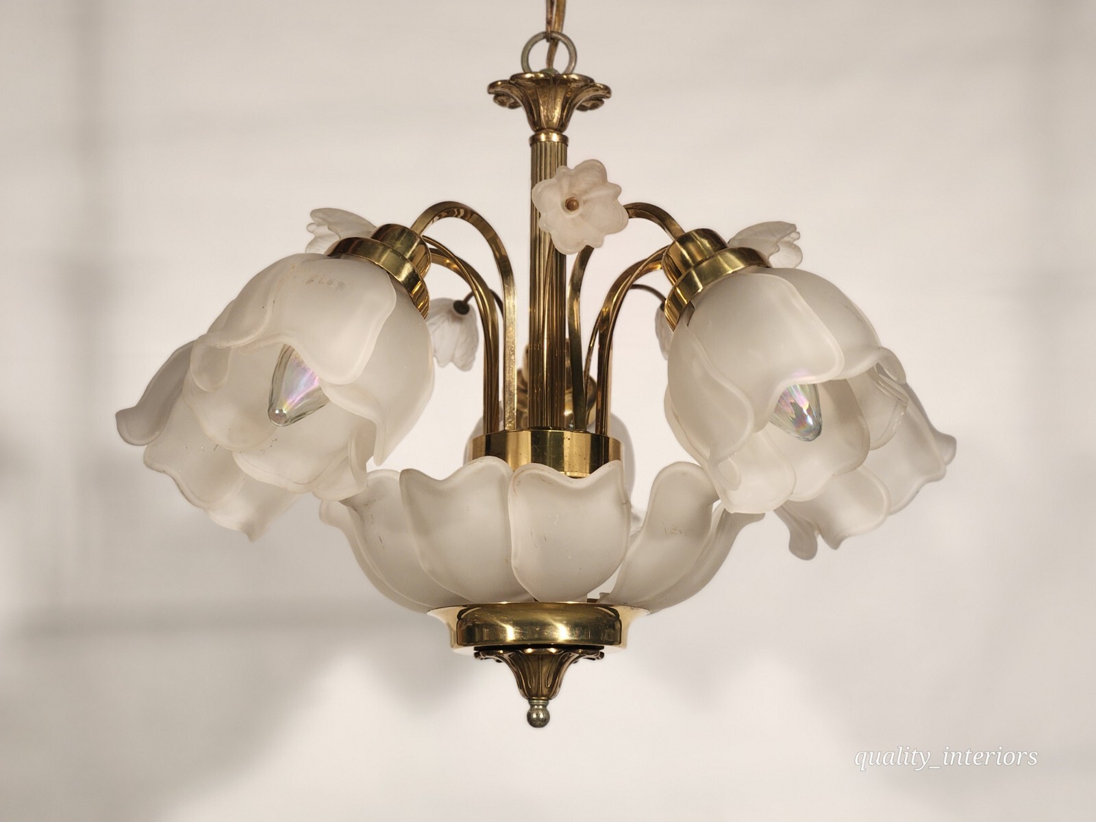 Vintage Attributed LALIQUE Brass Flower Petals Chandelier ~ PAIR AVAILABLE