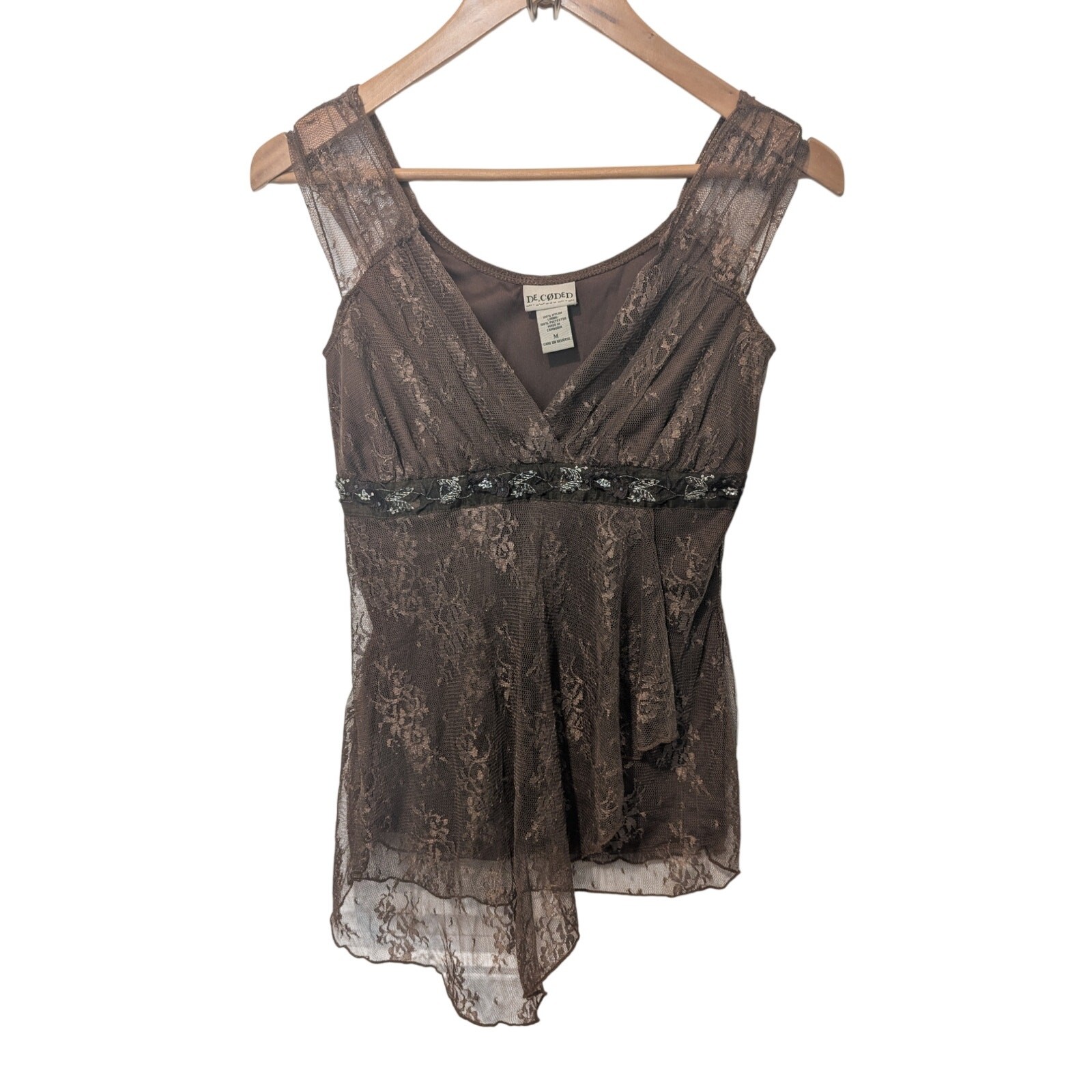 Y2K Decoded Lace Babydoll Blouse Womens Med Brown Glam Whimsygoth Fairy Romantic