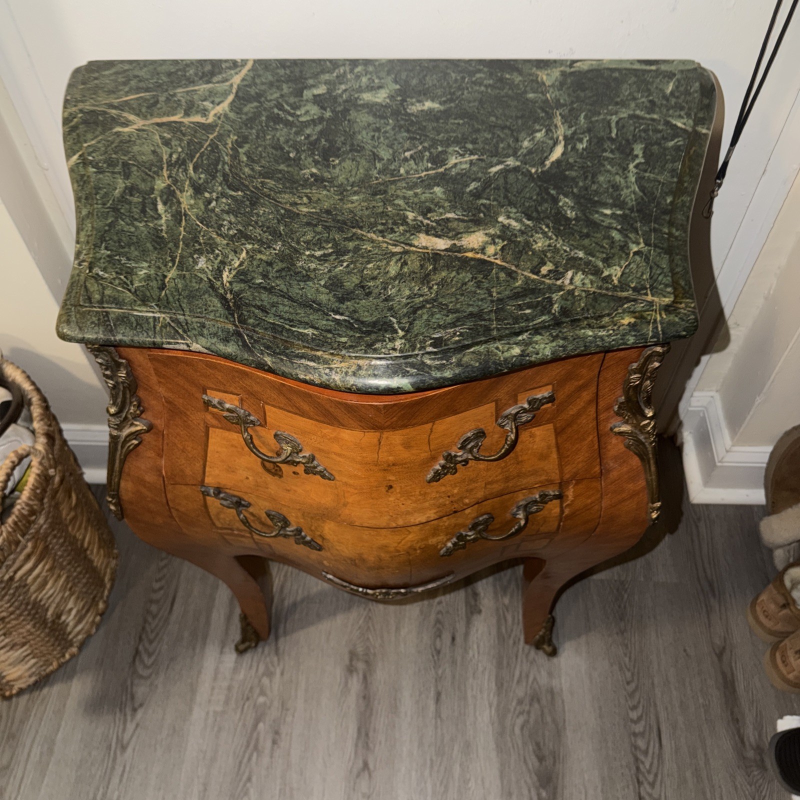 Vintage Antique C. French Louis XV Bombe Commode Marquetry Chest, Green Marble T Vintage Antique C. French Louis XV Bombe Commode Marquetry Chest, Green Marble T