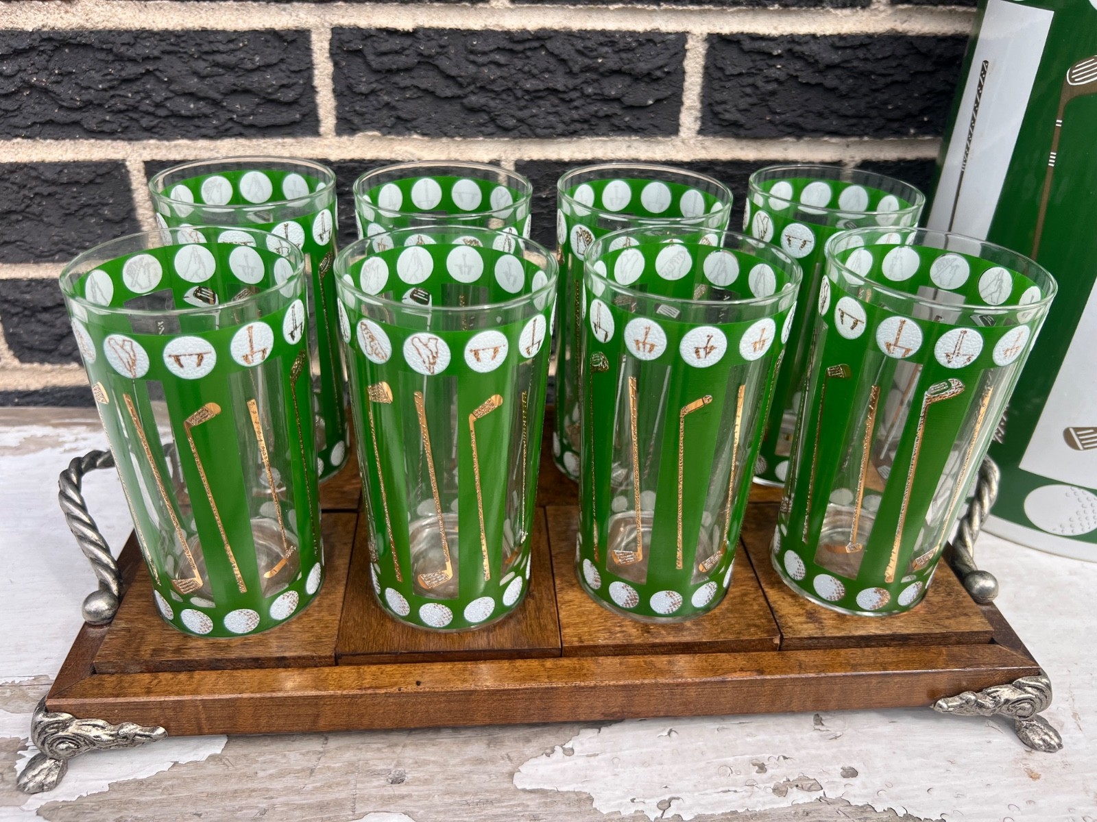 8 MCM Georges Briard Golf Theme Hi Ball Glasses Gold Gilt green w/ Carrier 8 MCM Georges Briard Golf Theme Hi Ball Glasses Gold Gilt green w/ Carrier
