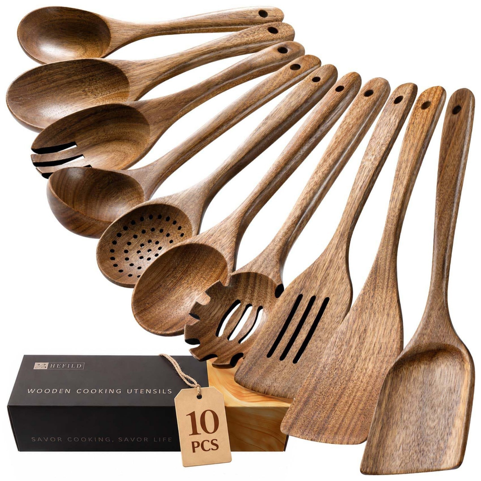 10-Piece Acacia Wood Cooking Utensil Set - Durable Wooden Spoons for Kitchen Use