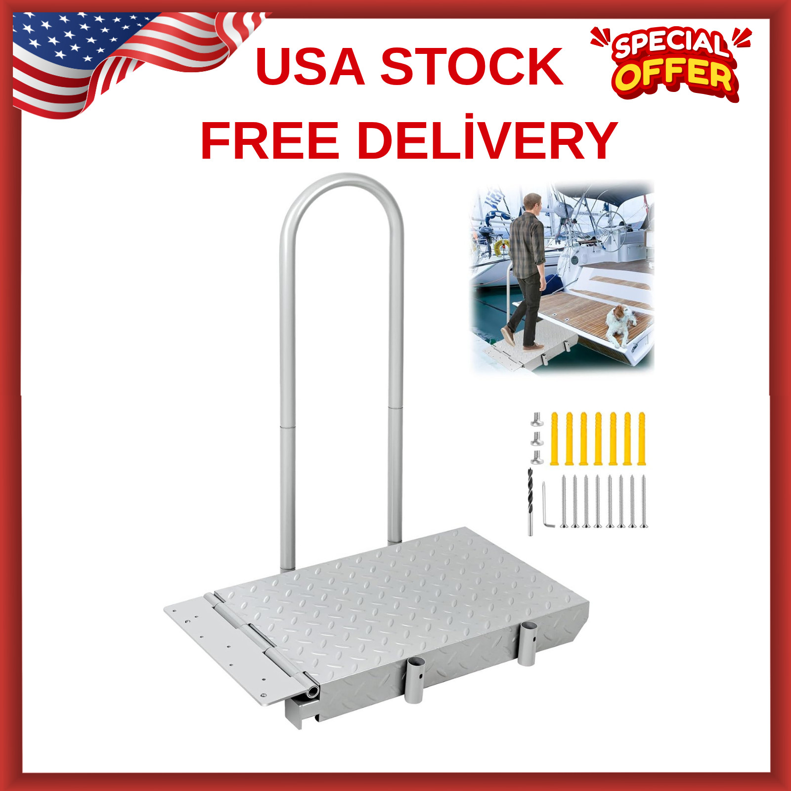 Boat Boarding Platform with Handrail, Dock Extension Step with Safety Grab Bar,