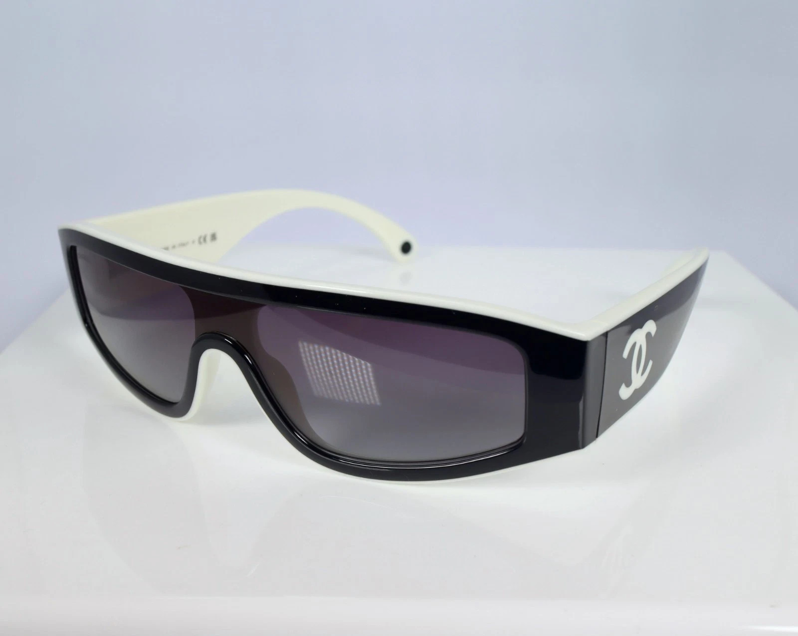 Chanel CH6057 Shield Sunglasses in Black and White with Gray Lenses Chanel CH6057 Shield Sunglasses in Black and White with Gray Lenses