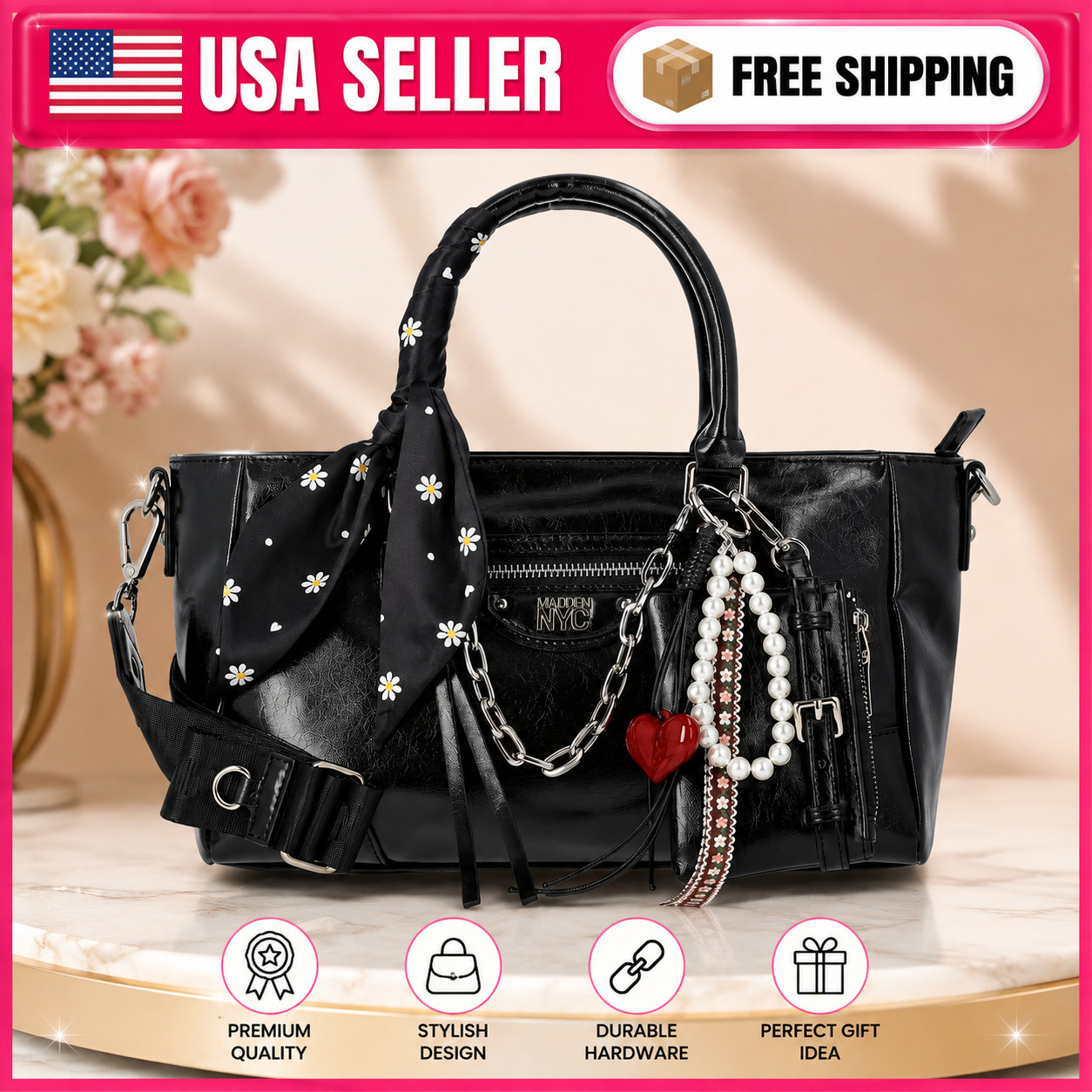 Madden NYC Women\'s Black Slouchy Satchel Top Handle Crossbody Purse Bag NWT
