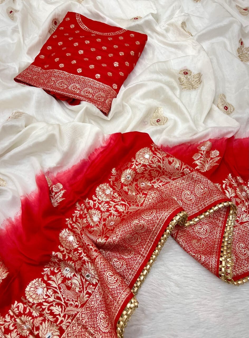 Premium Viscose Muslin Cotton Saree with Zari Weaving, Mirror Work & Fancy Lace