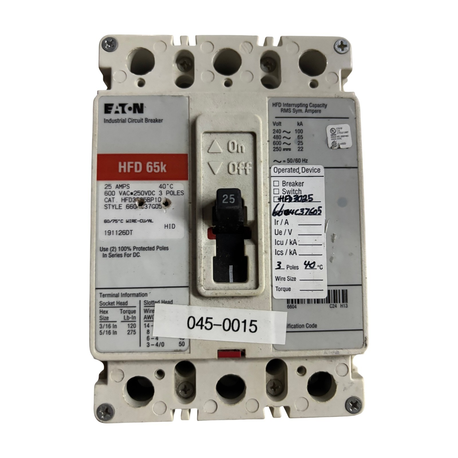 Eaton HFD3025BP10 25A 3-Pole 600V Industrial Circuit Breaker HFD 65k