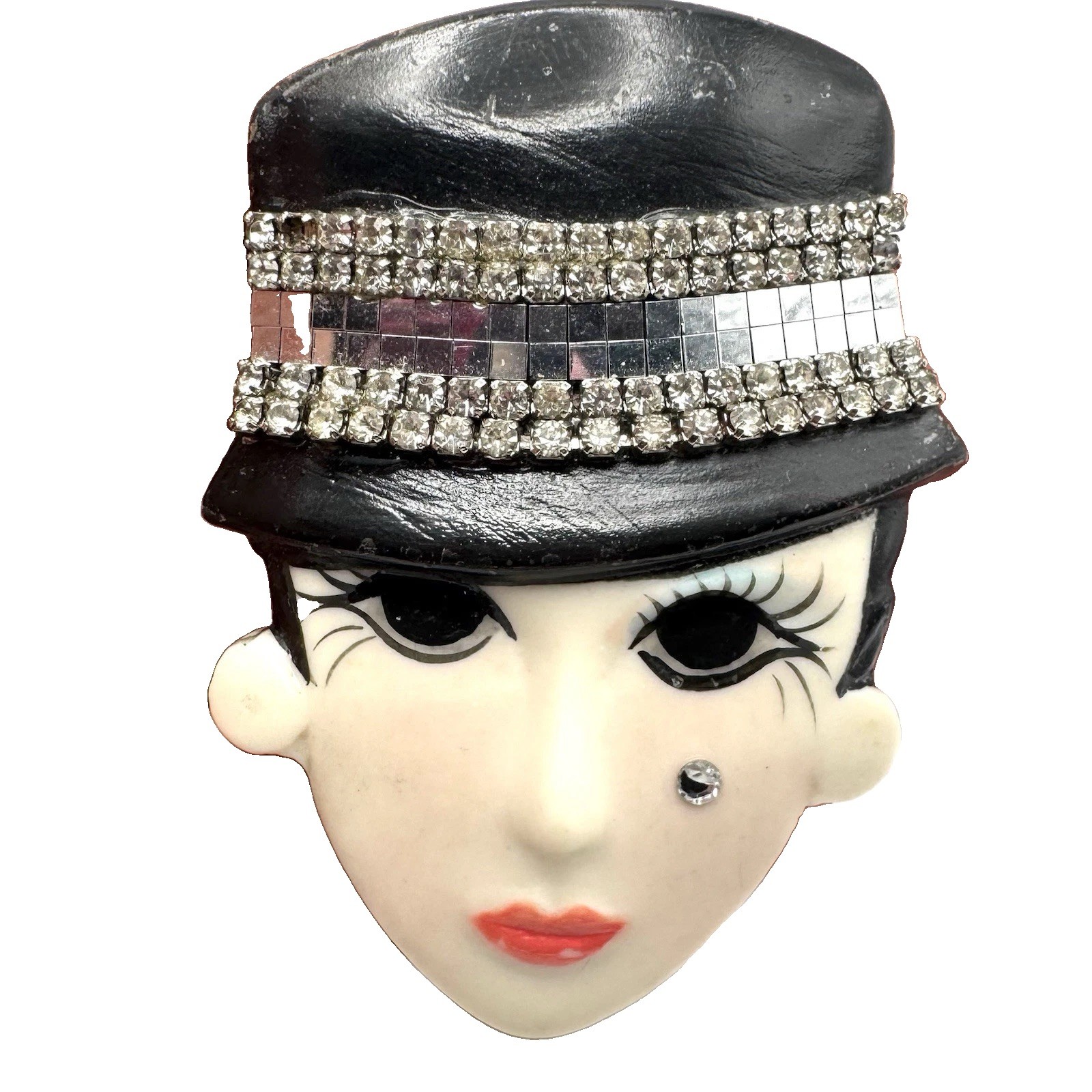 VTG Marsha Bauer Deco Flapper Girl Face Brooch  Ceramic Rhinestone Pin