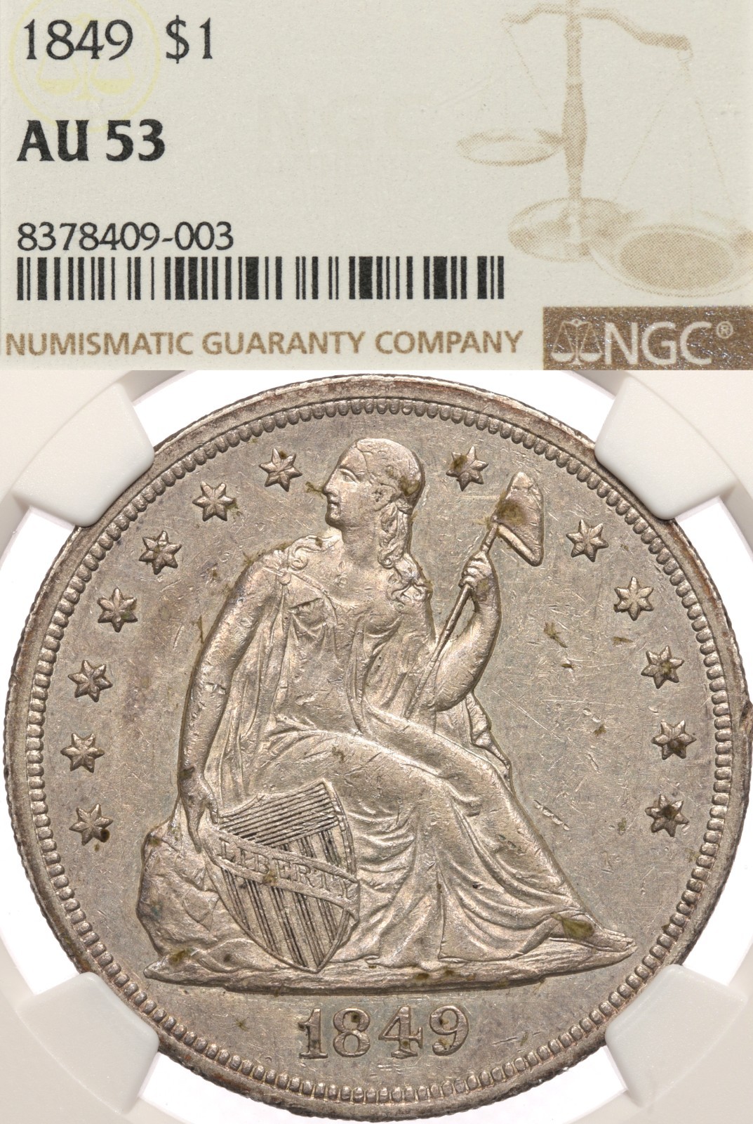 1849 $1 NGC AU53 Seated Liberty Silver Dollar 62,600 Mintage About Uncirculated