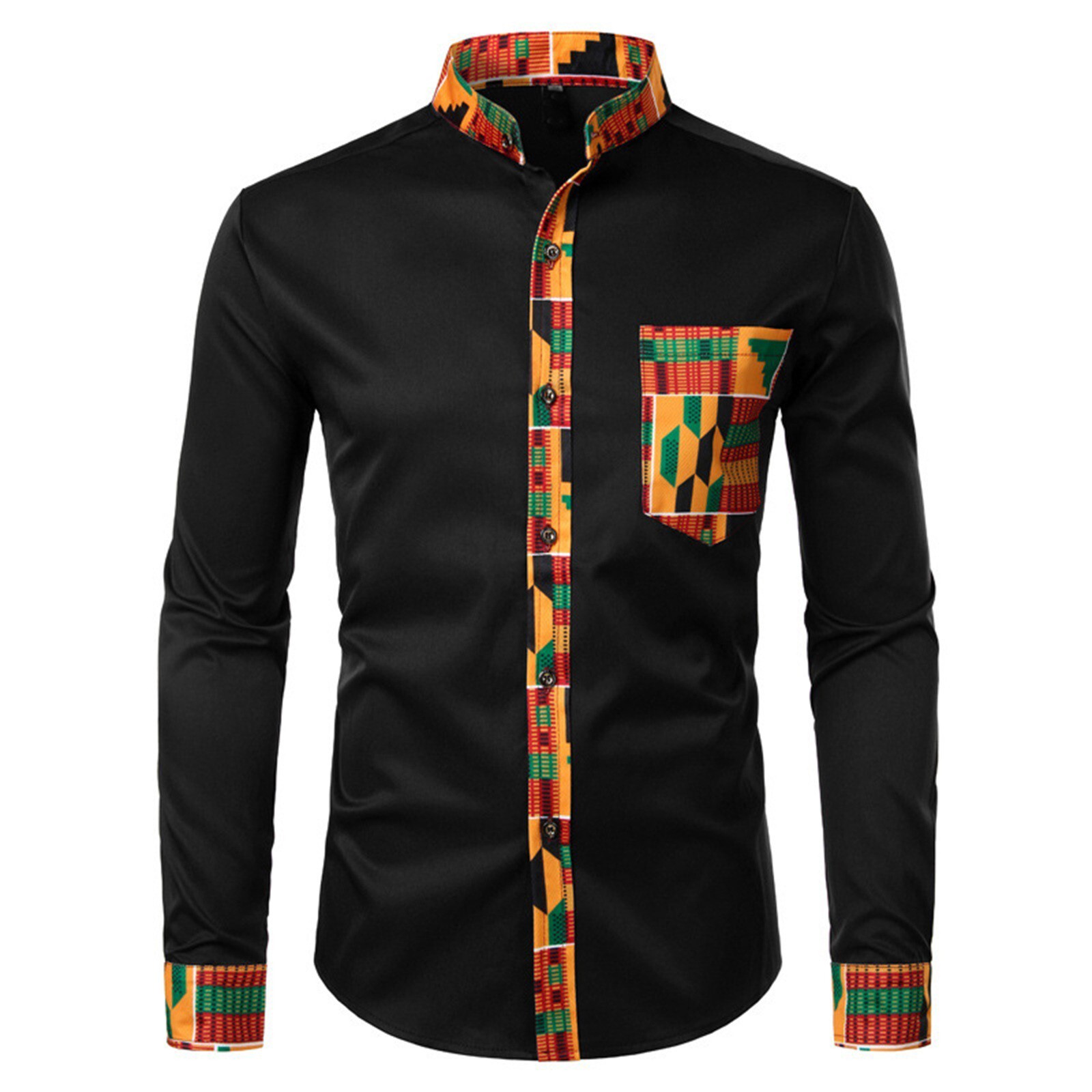 Men\'s African Long Sleeve Printed Patchwork Design Button Up Shirt