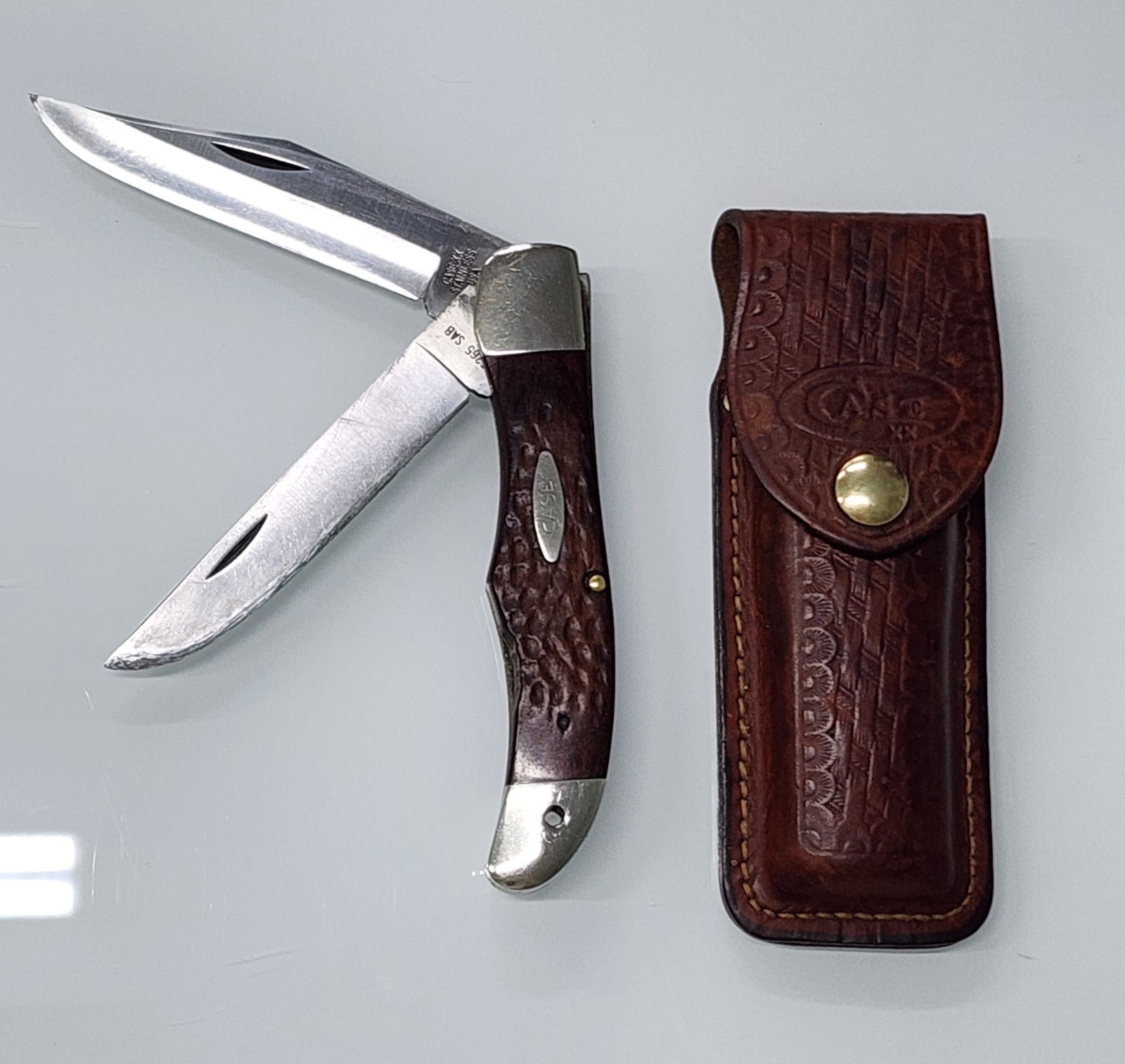 Vintage 1978 Case XX USA 6265 SAB SS 2 Dot Folding Hunter Knife Wood w/ Sheath