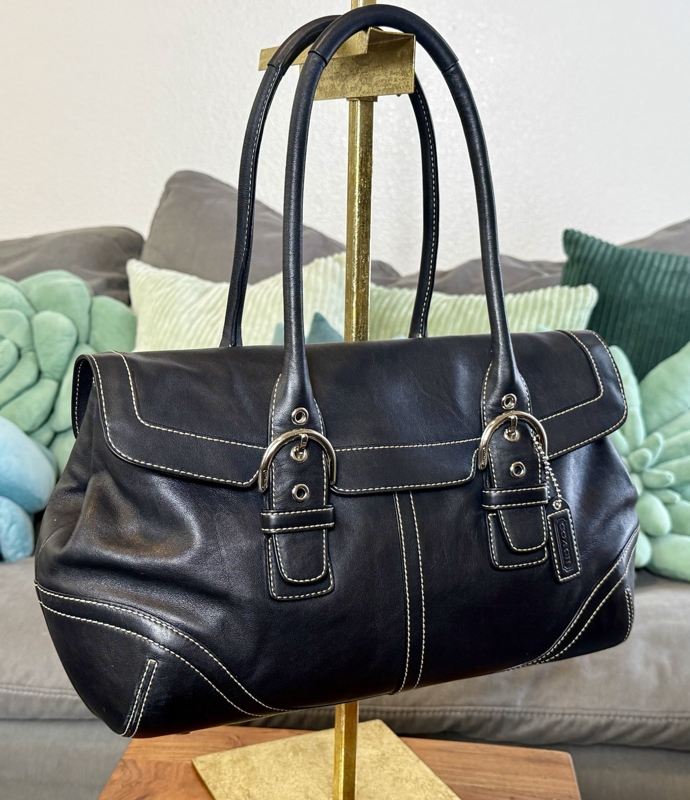 Y2K Black Leather COACH Hampton Soho Satchel/Tote Bag E05D-9636