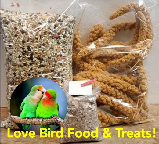Love Bird Food & Treat Bundle 5 lbs Feed 8 oz Millet w/Calcium & Mineral Bar