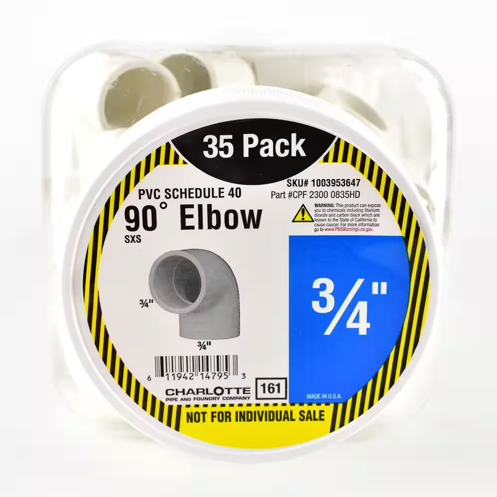 3/4 In. X 3/4 In. 90 Degree PVC Socket X Socket Elbow Fitting 35 -Pack 3/4 In. X 3/4 In. 90 Degree PVC Socket X Socket Elbow Fitting 35 -Pack